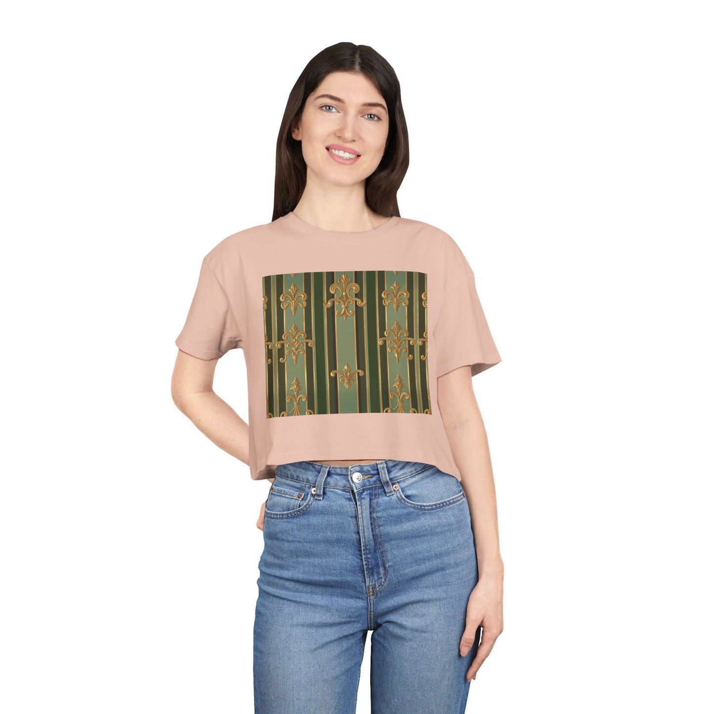 Chic Baroque Women's Crop Tee, Trendy Summer Top, Casual Outing Shirt, Stylish Layering Piece, Gift for Her - Green Striped Gold Baroque