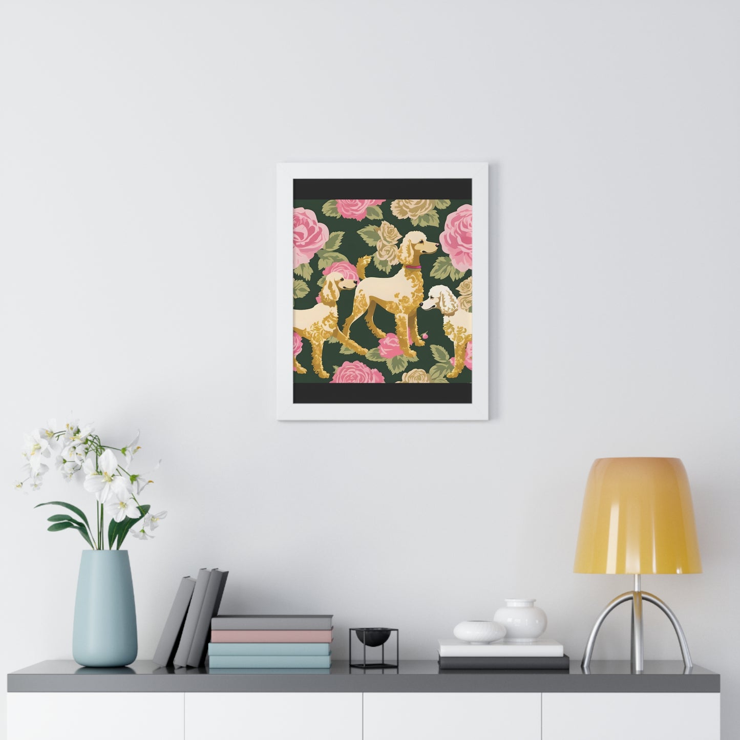 Vertical Poster - Stylish Framed - Art for Home Decor - Poodles In Dark Green & Pink Roses