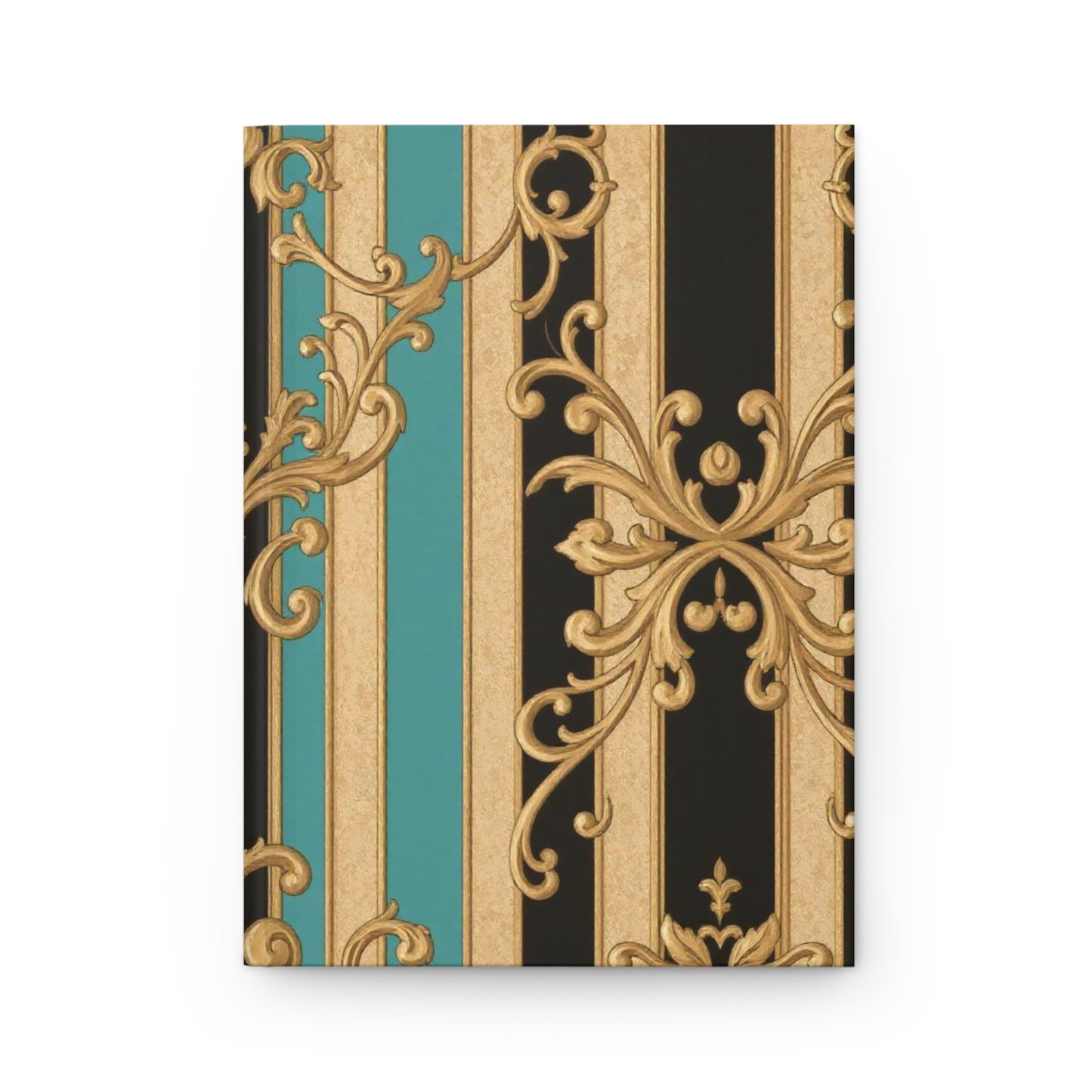 Elegant Black, Tan & Ocean Green Striped Gold Baroque Hardcover Journal with Ornate Design, Stylish Notebook, Writing Journal, Stationery Gift