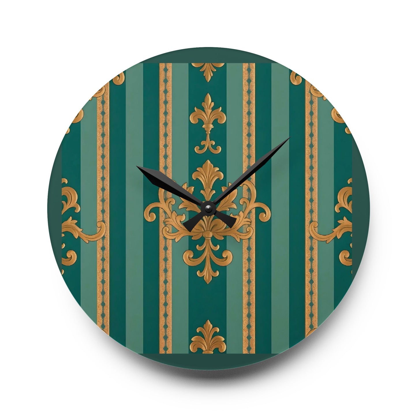 Bohemian Damask-Inspired Acrylic Wall Clock with Floral Design - Teal Striped Gold Damask