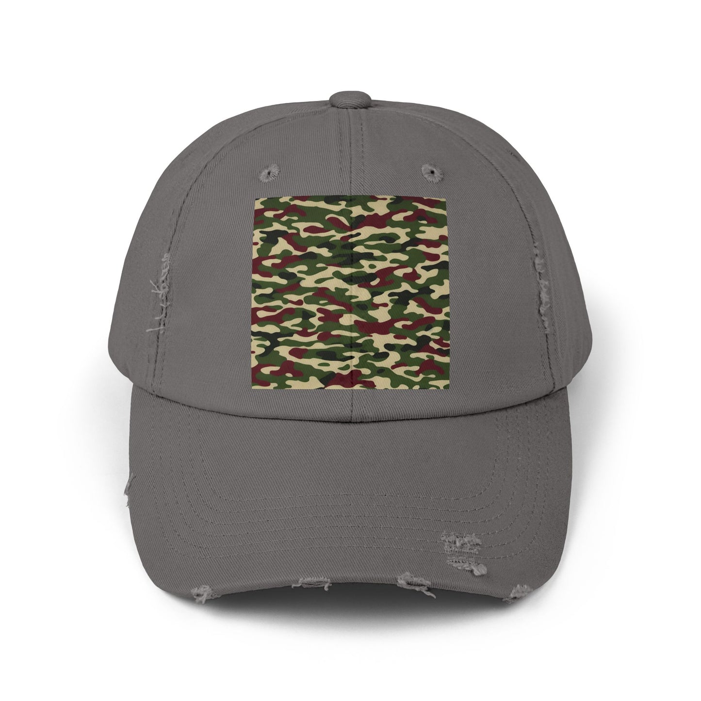 Camo Distressed Cap | Unisex Fashion Hat, Trendy Outdoor Accessory, Gift for Him/Her, Casual Wear, Sports Cap - Army Green & Burgundy Camo