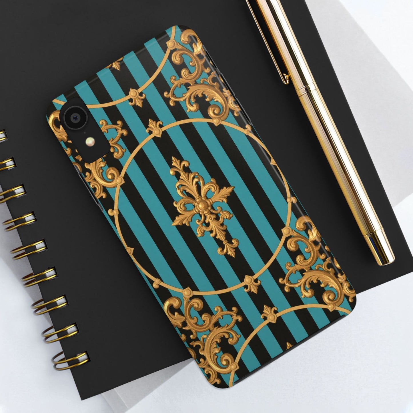 Elegant Turquoise & Black Striped Gold Baroque Phone Case, Tough Phone Cases for Fashion Lovers, Gift for Her, Luxury Accessories