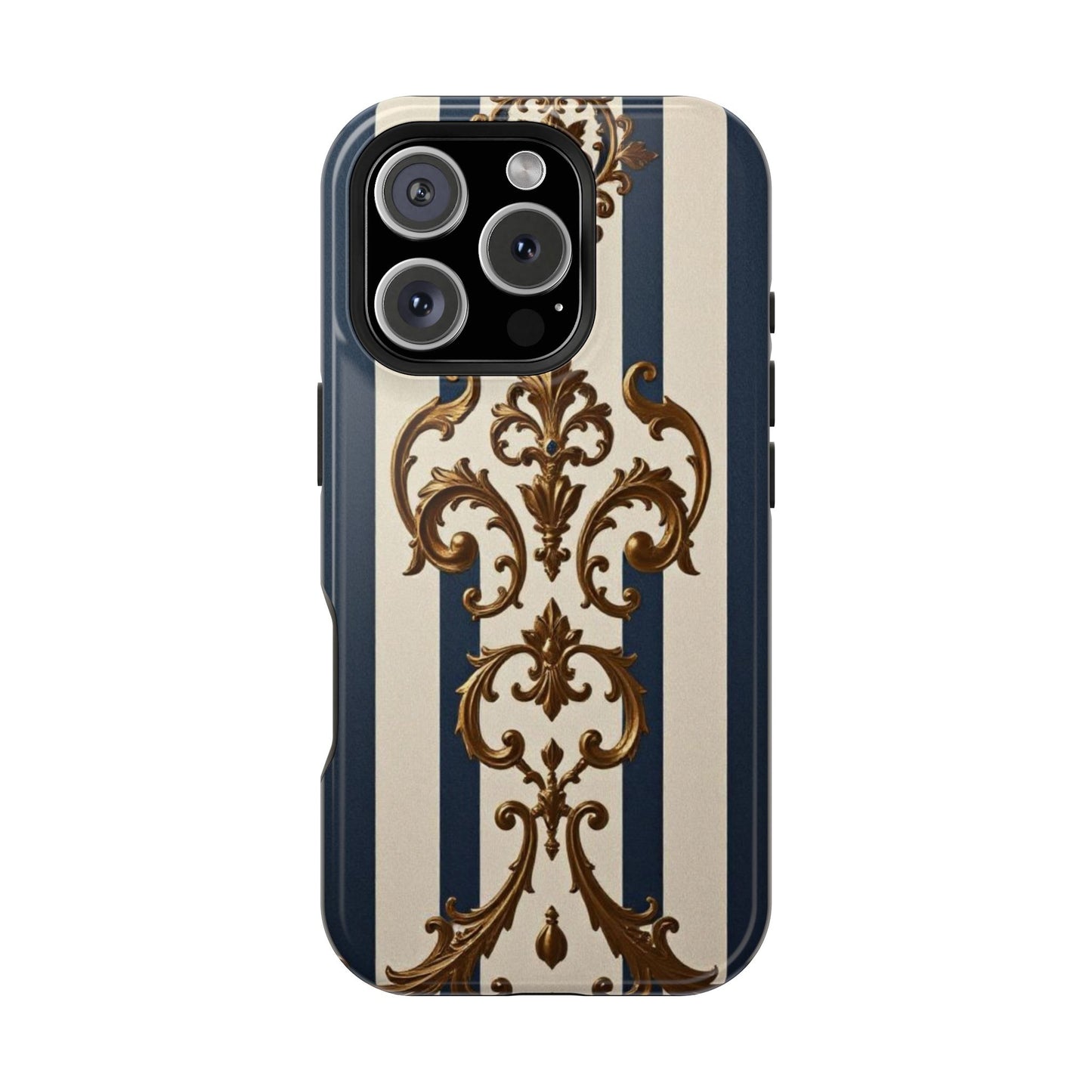 Elegant Striped Magnetic Tough Case - Classic Blue and Gold Damask Design