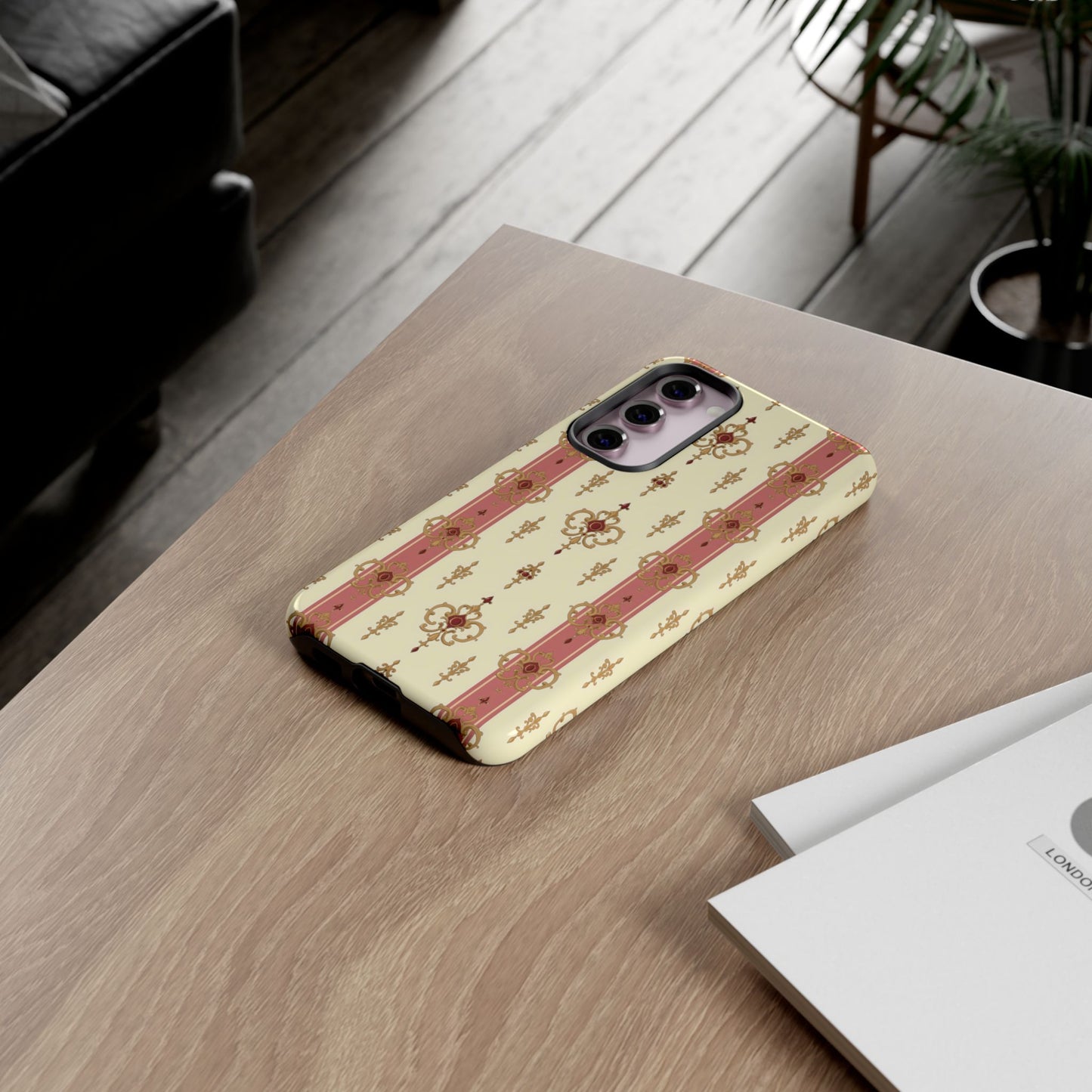 Elegant Floral Motif Phone Case - Tough Cases with Vintage Design - Mauve Striped Gold Damask