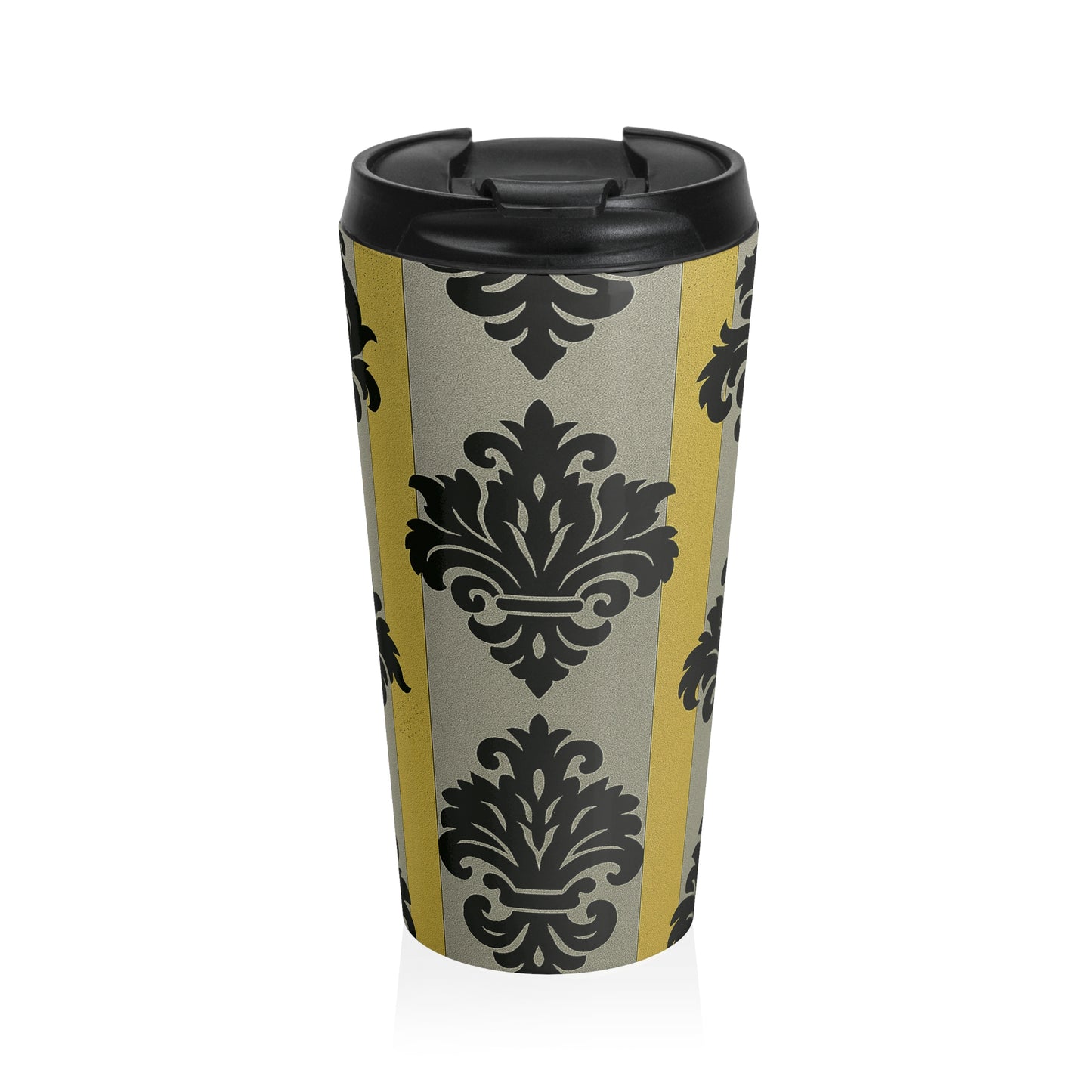 Stylish Travel Mug, Insulated Coffee Cup, Elegant Travel Tumbler, Coffee Lover Gift, Office Mug, Tea Container - Silver & Gold Striped Black Baroque