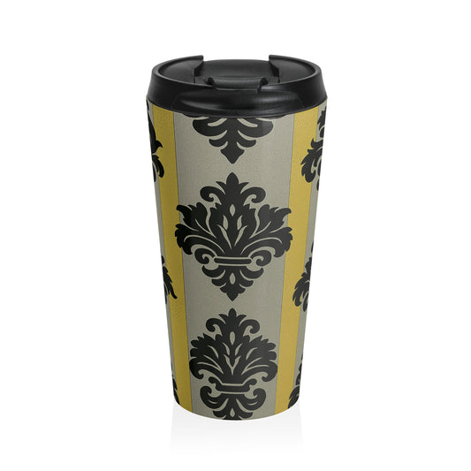 Stylish Travel Mug, Insulated Coffee Cup, Elegant Travel Tumbler, Coffee Lover Gift, Office Mug, Tea Container - Silver & Gold Striped Black Baroque