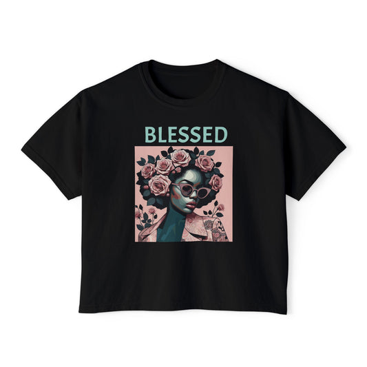 Blessed Women's Boxy Tee - Floral Graphic Shirt, Trendy Casual Top, Perfect Gift for Her, Boho Fashion, Self-Care Reminder - Mint Lettering