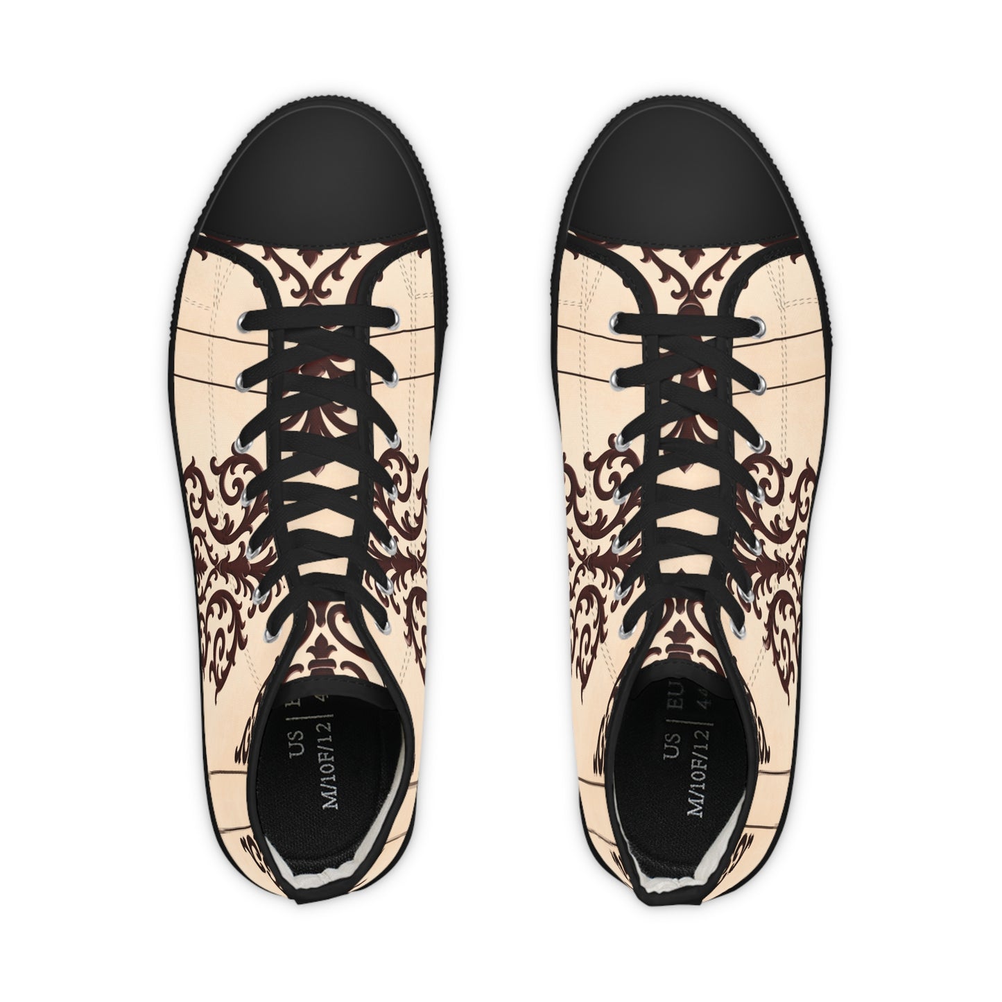 Almond-Beige & Brown Baroque Scroll High-Top Sneakers — Beige Ornate Men's Canvas Shoes