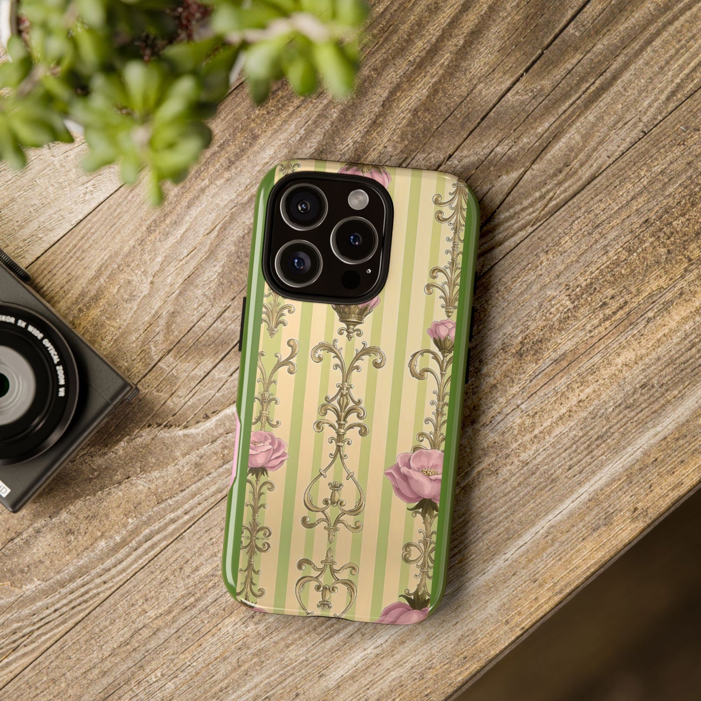 Elegant Floral Motif Phone Case - Tough Cases with Vintage Design - Lime Green & Pink Striped Damask
