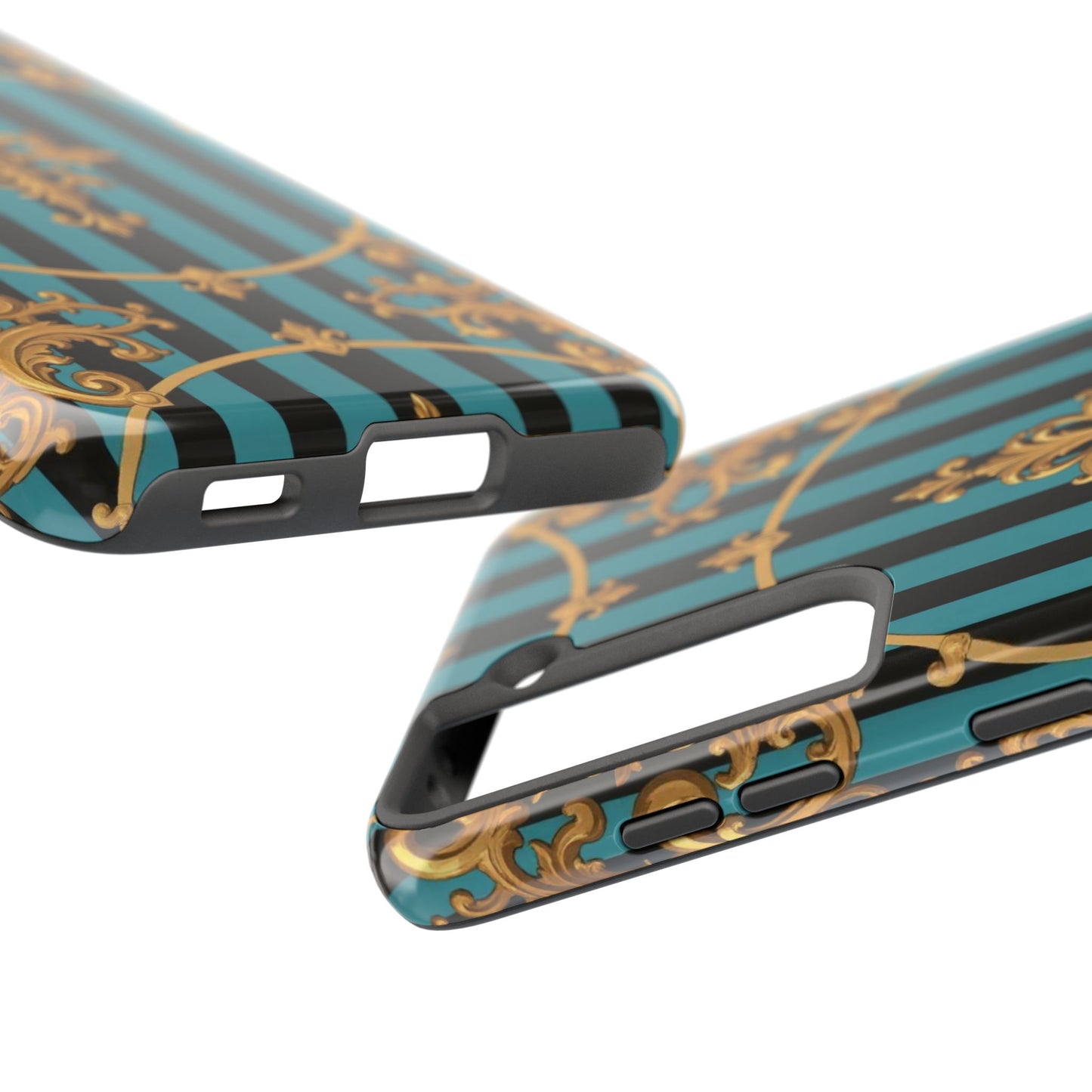 Elegant Turquoise & Black Striped Gold Baroque Phone Case, Tough Phone Cases for Fashion Lovers, Gift for Her, Luxury Accessories