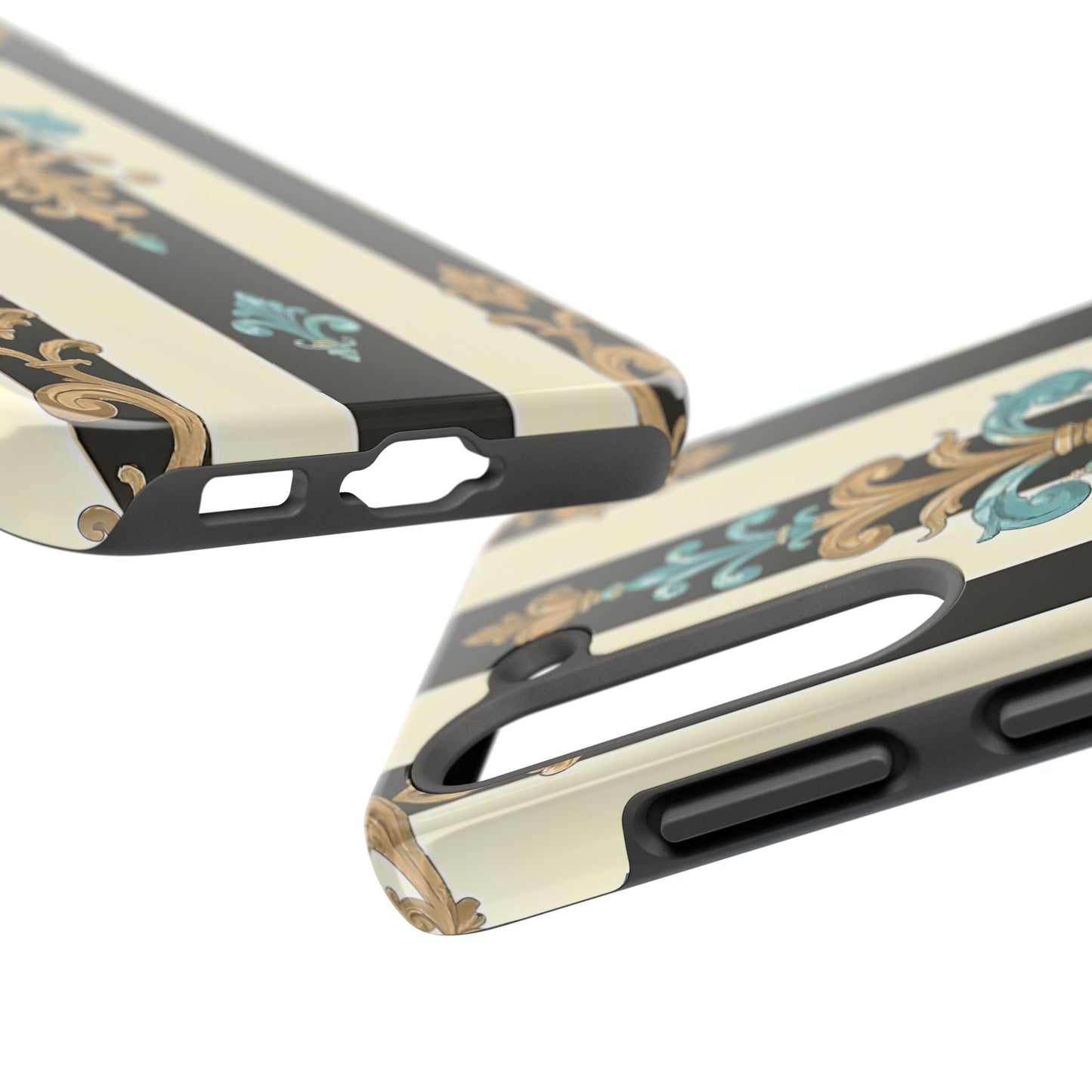 Elegant Vintage Tough Phone Cases, Stylish Phone Accessories, Quality Protection, Gifts for Her - Black Striped Turquoise & Black Rococo