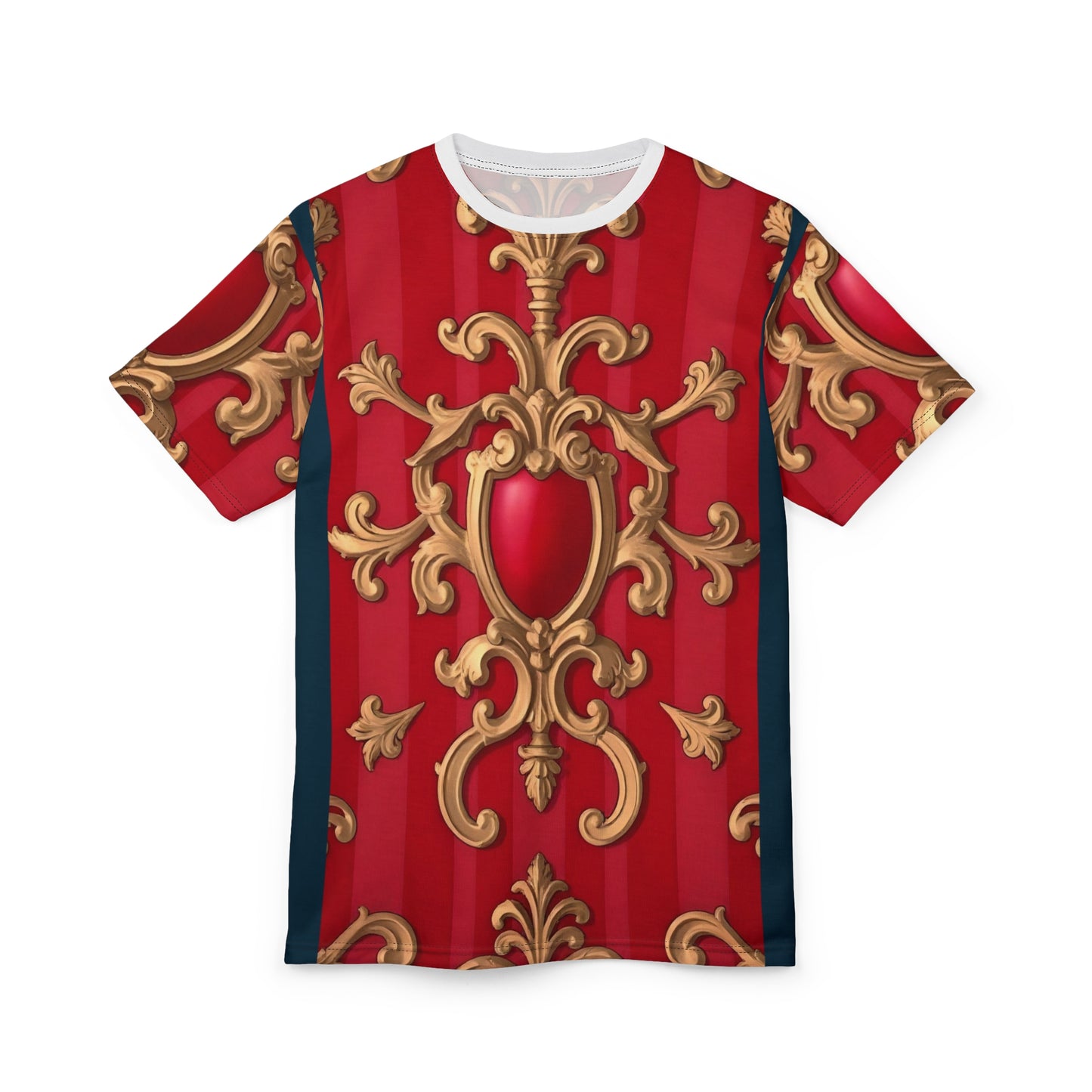 Elegant Baroque Pattern Unisex Tee, Luxurious Graphic T-Shirt, Statement Shirt, Unique Gift - Blue, Red & White Striped Baroque