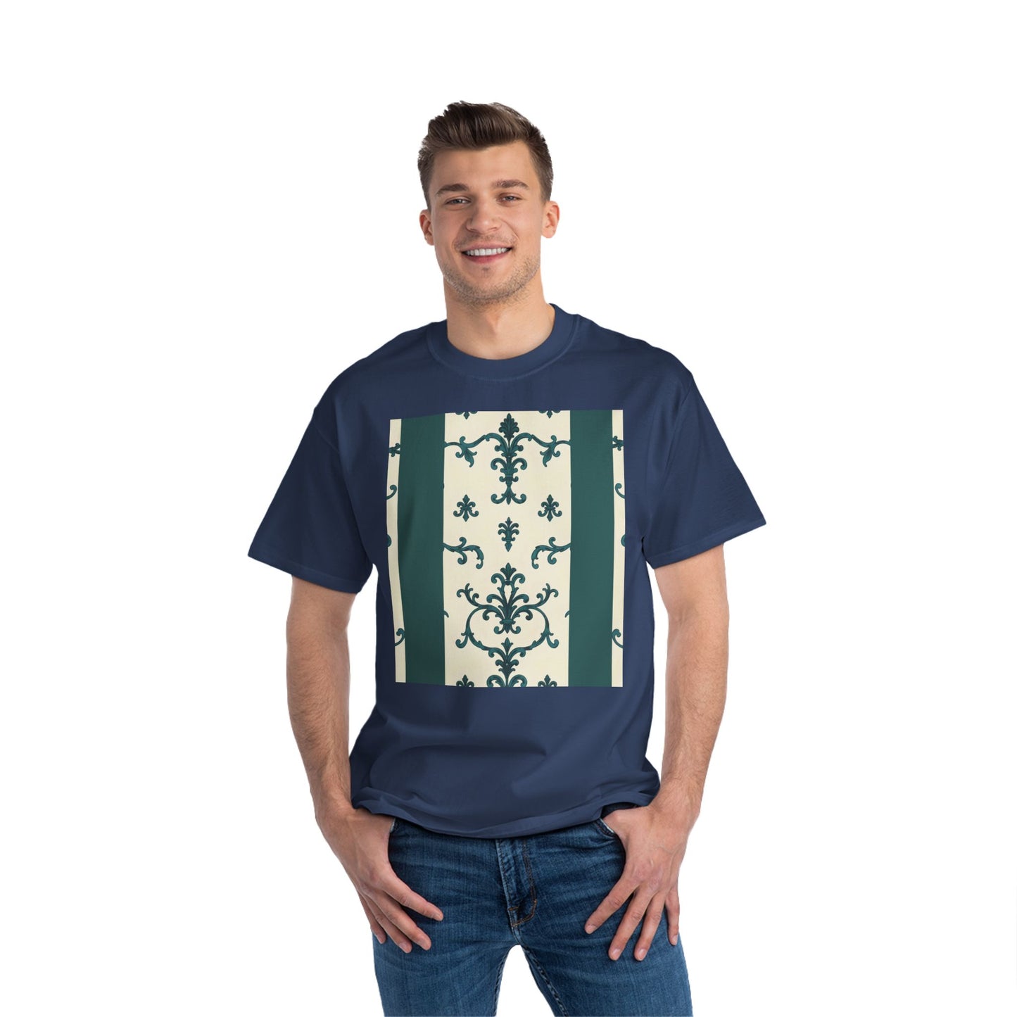 Vintage-Inspired Short-Sleeve T-Shirt, Casual Wear, Graphic Tee, Summer Outfit, Gift for Friends, Retro Design - Teal Striped Rococo