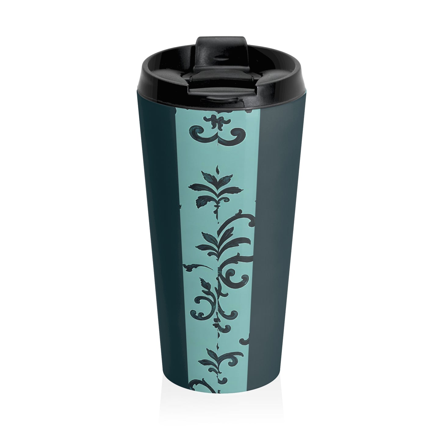 Elegant Floral Travel Mug for Coffee Lovers, Stylish Insulated Travel Cup, Gift for Her, Perfect for Work, Eco-Friendly Drinkware - Teal Striped Rococo
