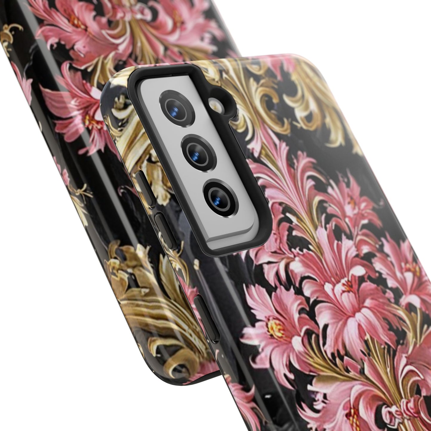 Elegant Floral Tough Phone Cases | Stylish Protection for Her | Gift for Birthdays - Black & Pink Oil Painting Style Rococo