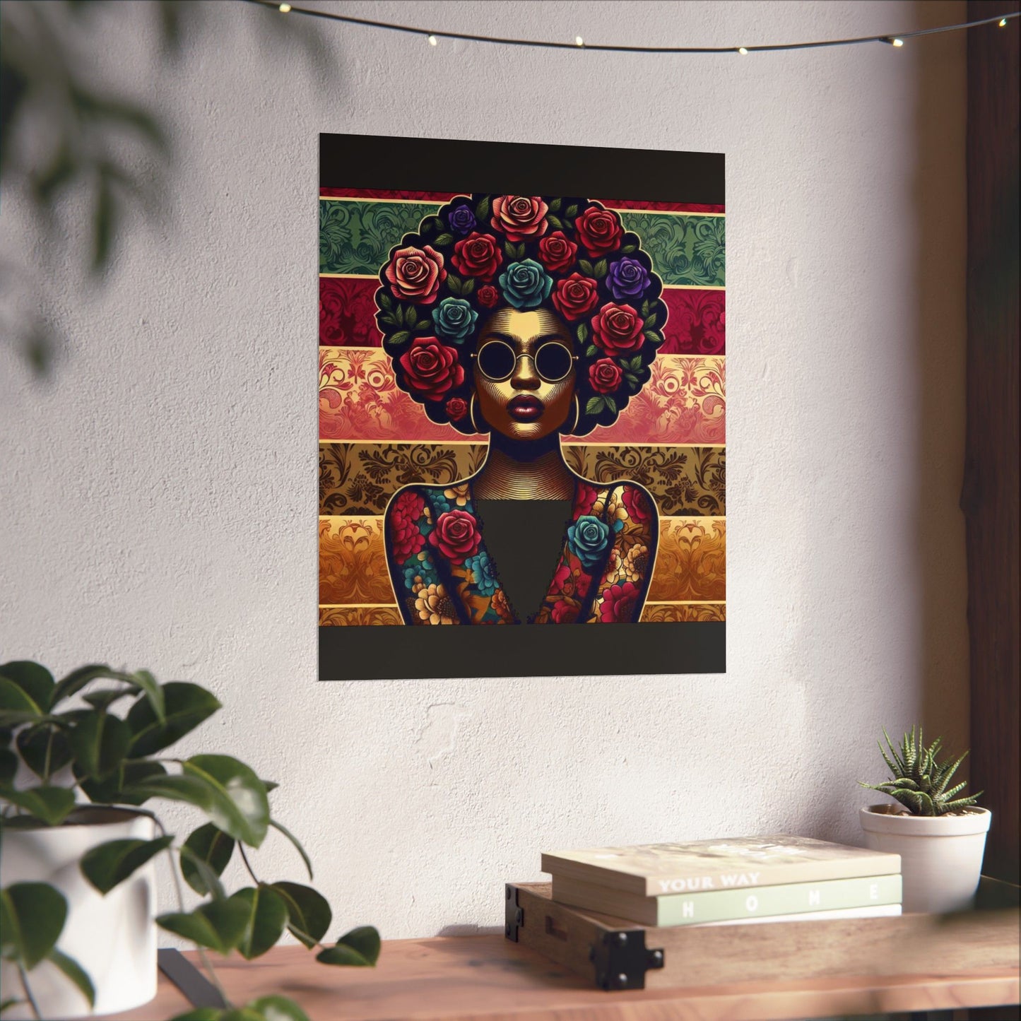 Floral Afro Art Poster - Elegant Matte Vertical Wall Decor - Lady With Damask & Roses