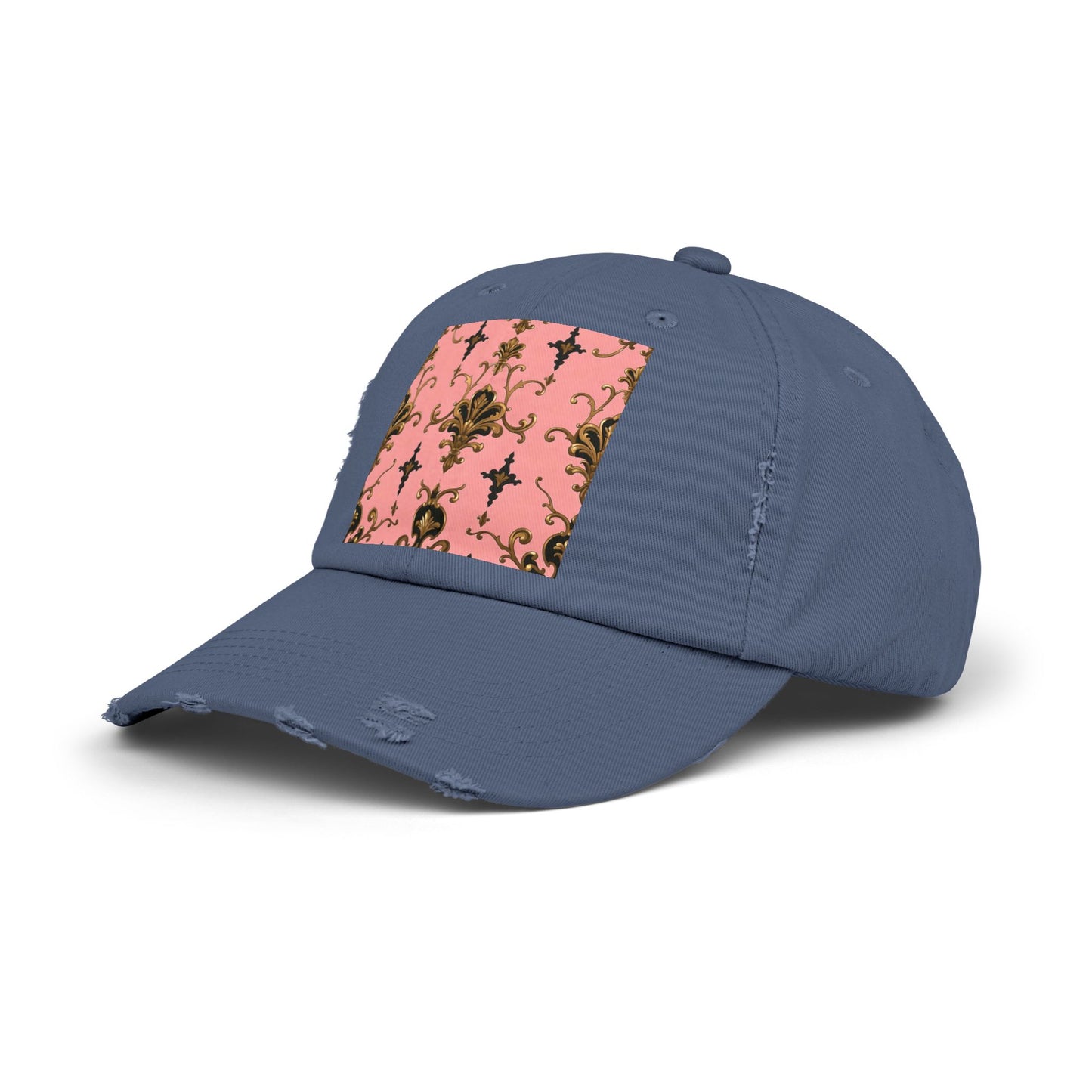Chic Distressed Cap, Fashionable Baseball Hat, Casual Summer Headwear - Pink, Black & Gold Rococo