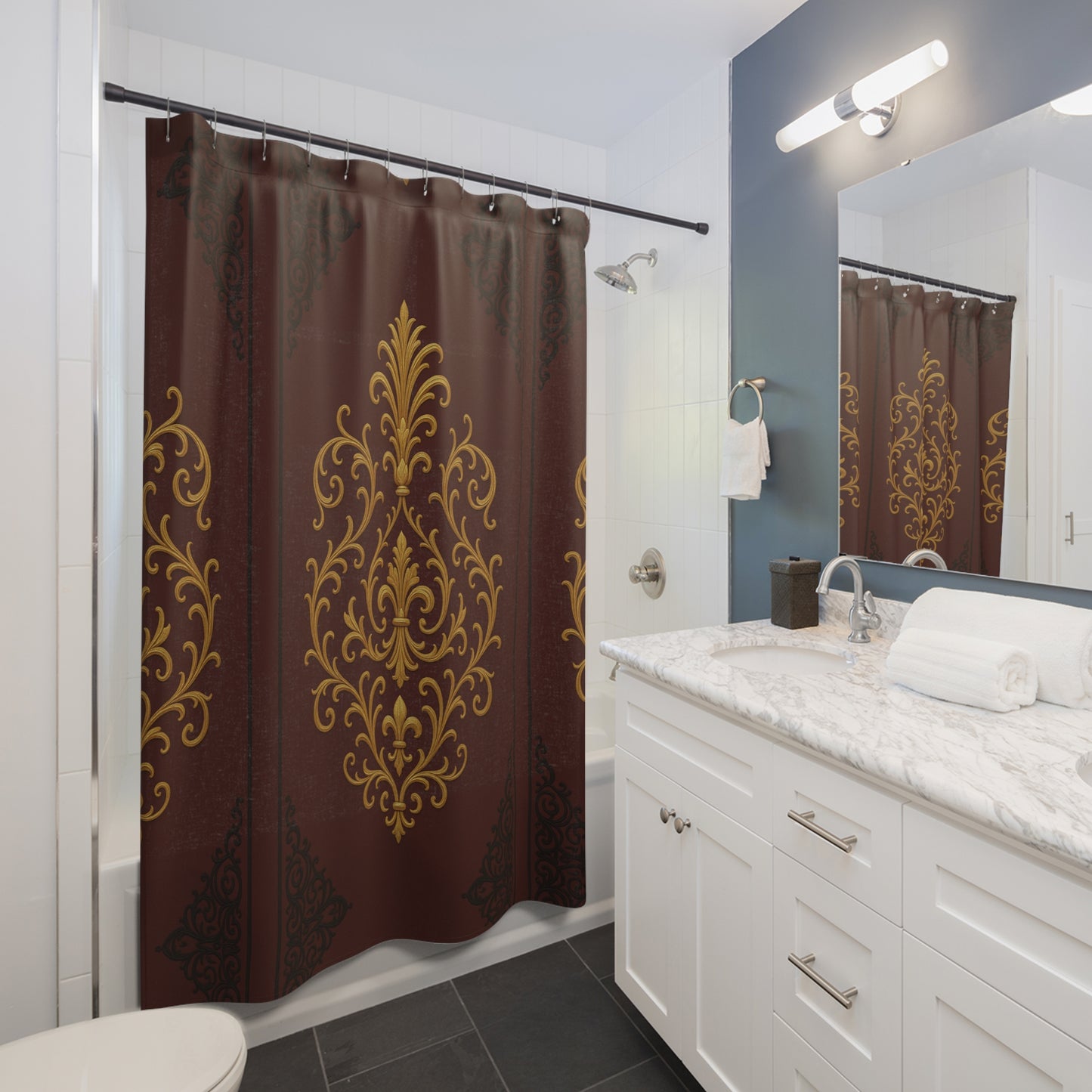 Dusk Burgundy-Black & Gold Baroque Shower Curtain — Elegant Gold Baroque Pattern on Burgundy