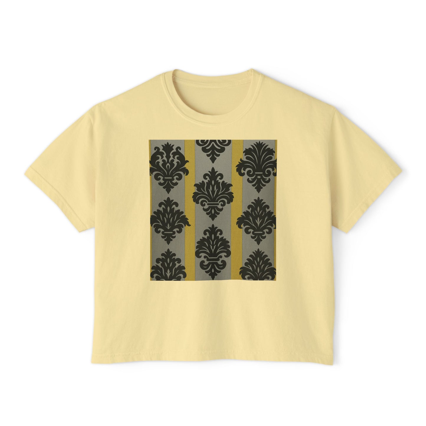 Chic Women's Boxy Tee - Stylish Casual Top, Vintage Graphic Tee, Trendy Summer Shirt, Gift for Her - Silver & Gold Striped Black Baroque