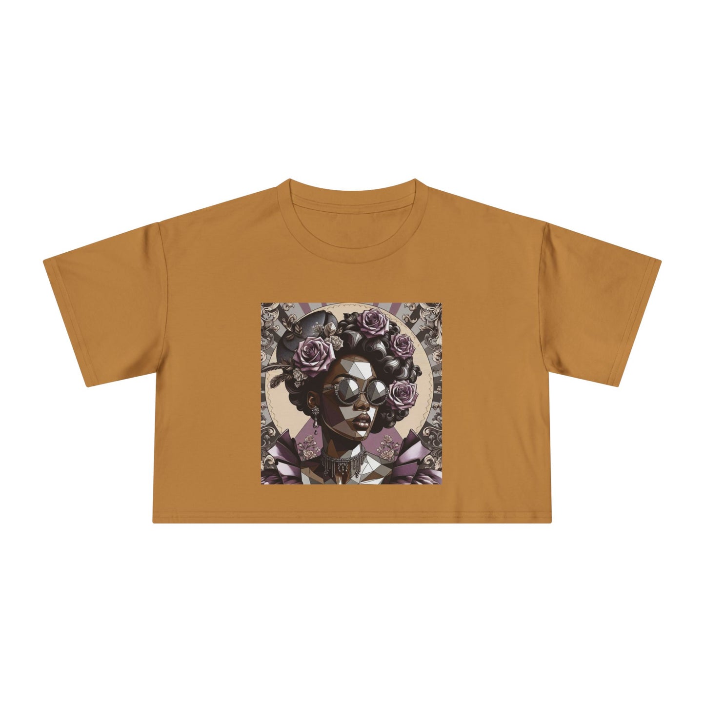 Poly Art Chic Women's Crop Tee - Floral Art Inspired Shirt, Casual Summer Wear, Festival Top, Vintage Style - Lilac Baroque Lady