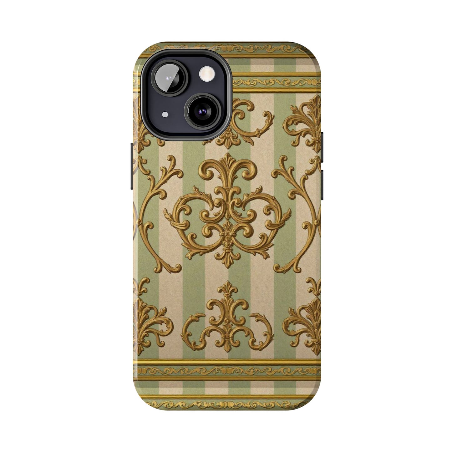 Vintage Elegance Phone Case, Tough Phone Cases for Style, Gift for Birthdays, Stylish Protection - Mint Green & Beige Striped Gold Baroque