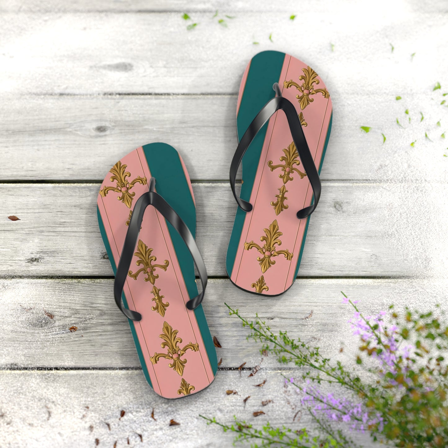 Chic Floral Flip Flops, Summer Sandals, Beach Footwear, Vacation Slides, Stylish Summer Accessories - Pink & Teal Striped Gold Baroque