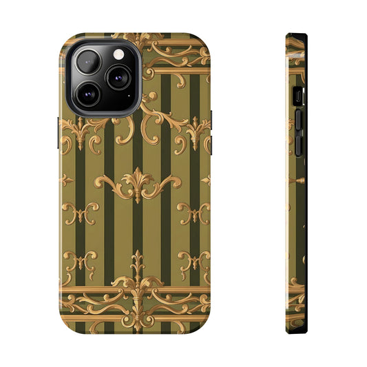 Elegant Vintage Phone Case - Tough Protection with Classy Design, Stylish Phone Cover for Fashion Lovers - Olive Green Striped Rococo