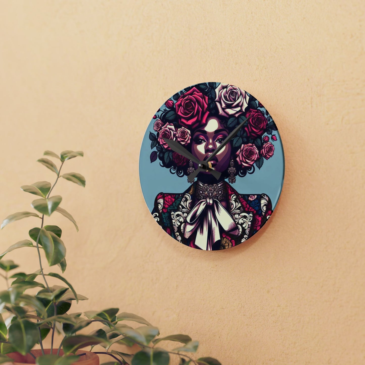 Bohemian Afro-Inspired Acrylic Wall Clock with Floral Design - Lady In Damask Suit & Roses Design