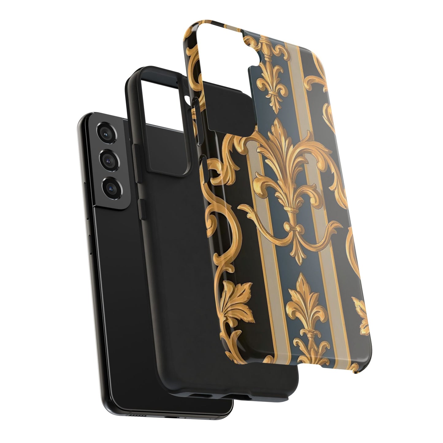 Elegant Rococo Phone Cases, Tough iPhone Case, Floral Design Case, Luxury Phone Cover - Blue & Black Striped Rococo