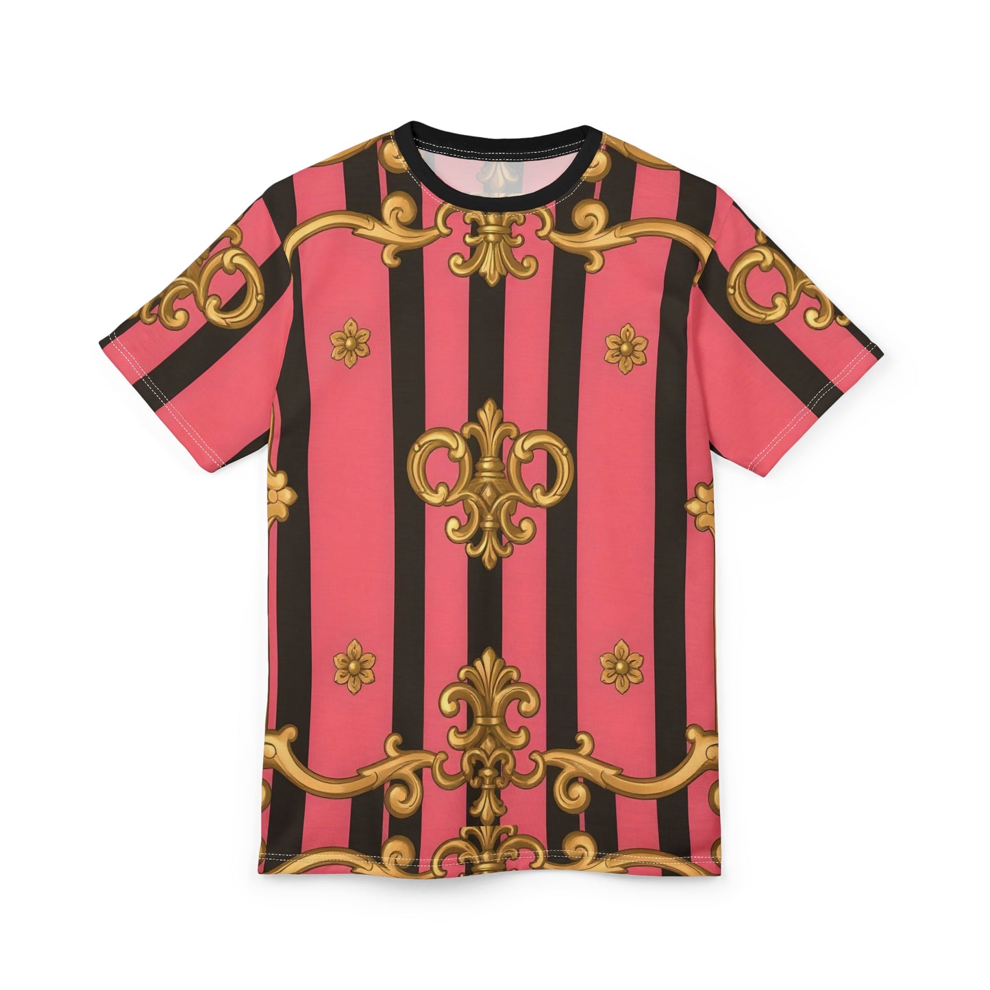 Stylish Unisex Cut & Sew Tee with Bold Pink and Gold Pattern, Trendy Top for Casual Days - Pink & Black Striped Gold Baroque