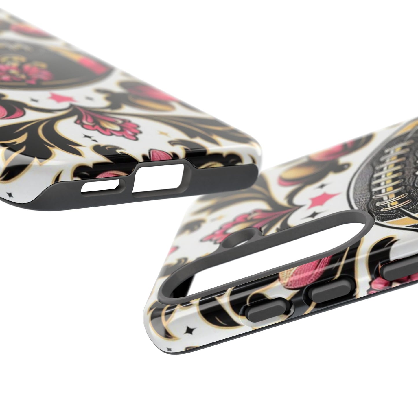Elegant Floral Motif Phone Case - Tough Cases with Vintage Design - Damask White, Pink Gold & Black Football