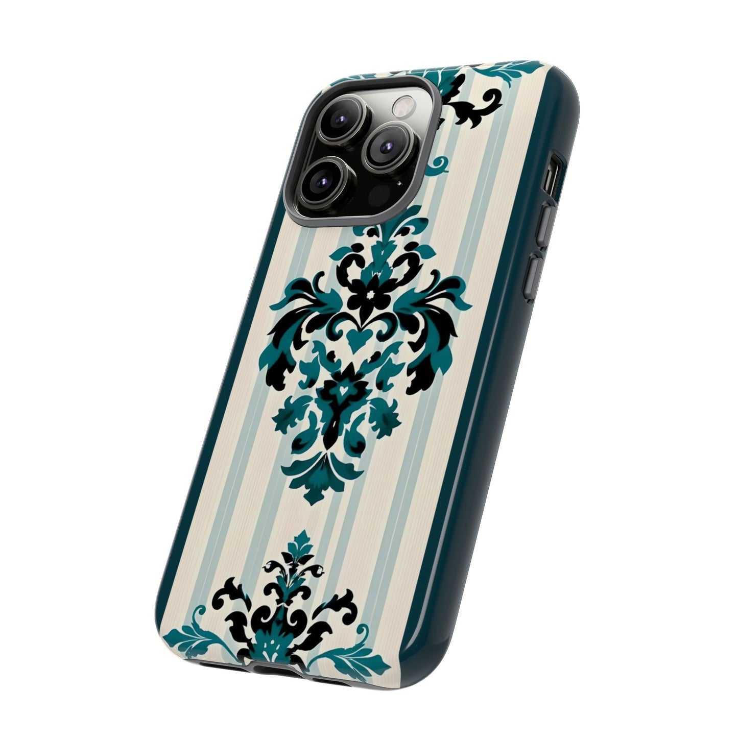 Elegant Floral Phone Case - Tough Cases with Vintage Design - Teal Striped Damask