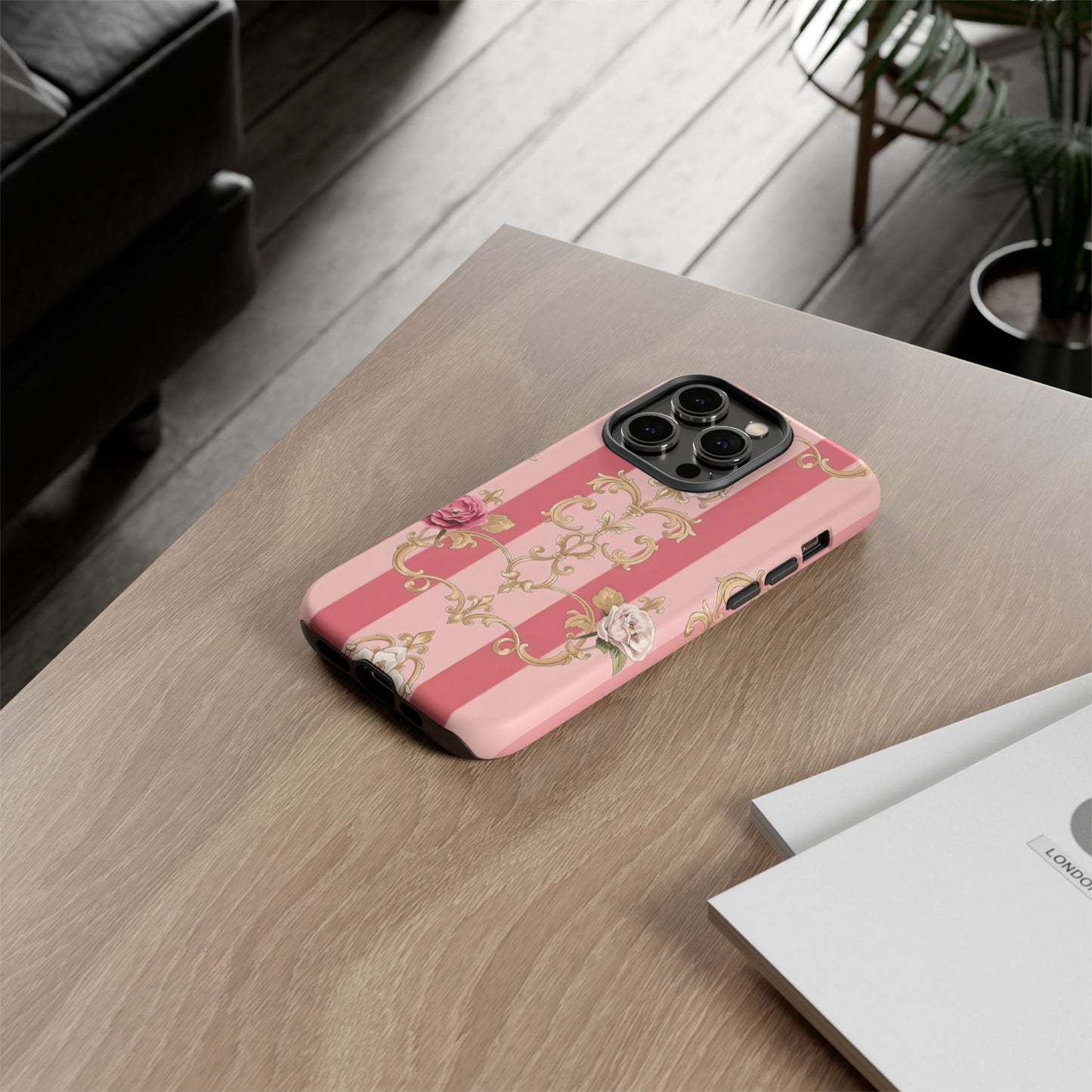 Elegant Floral Motif Phone Case - Tough Cases with Vintage Design - Pink Striped Roses & Damask