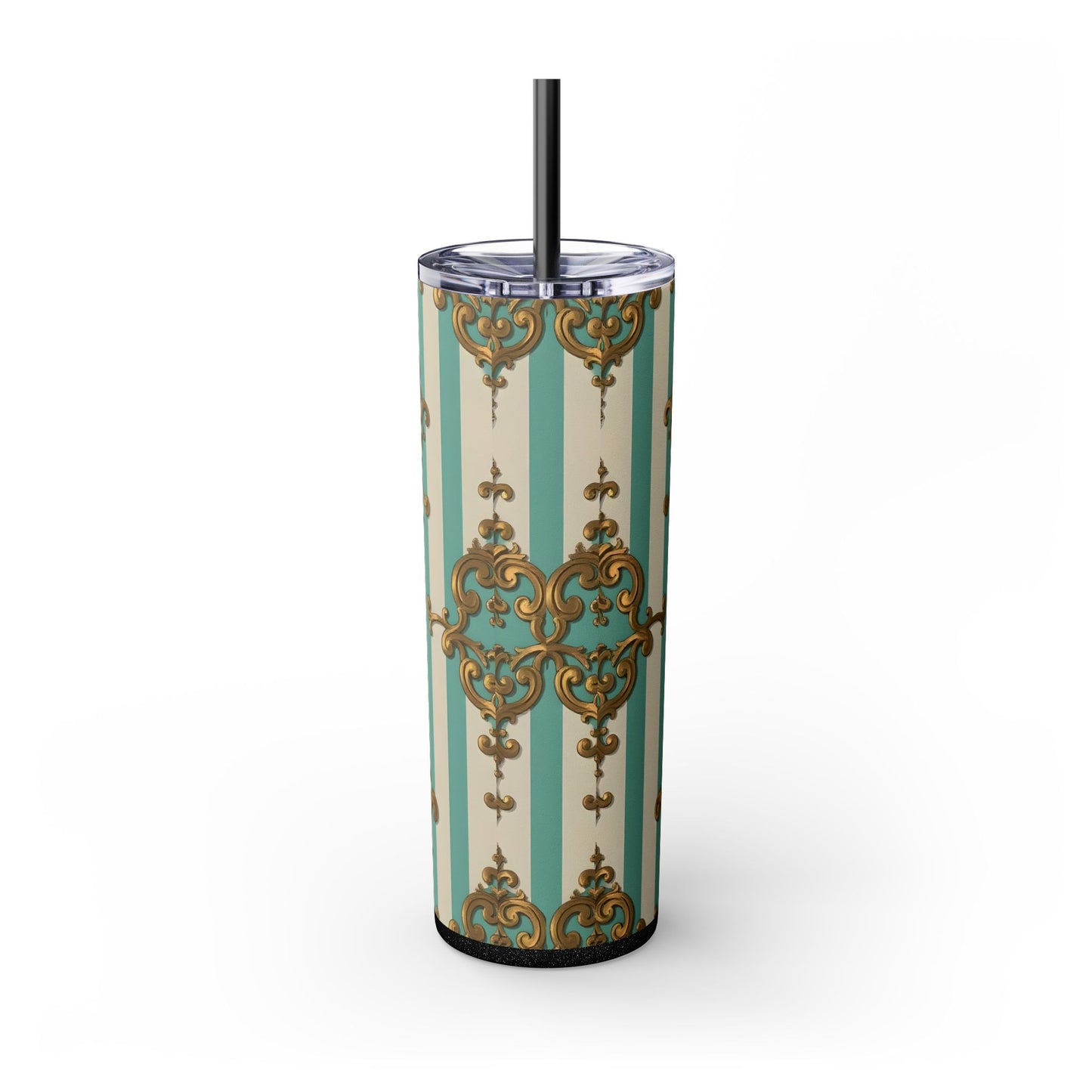 Elegant Vintage Skinny Tumbler with Straw, 20oz, Stylish Drinkware, Perfect Gift for Home, Coffee Lovers - Matte Green Striped Rococo