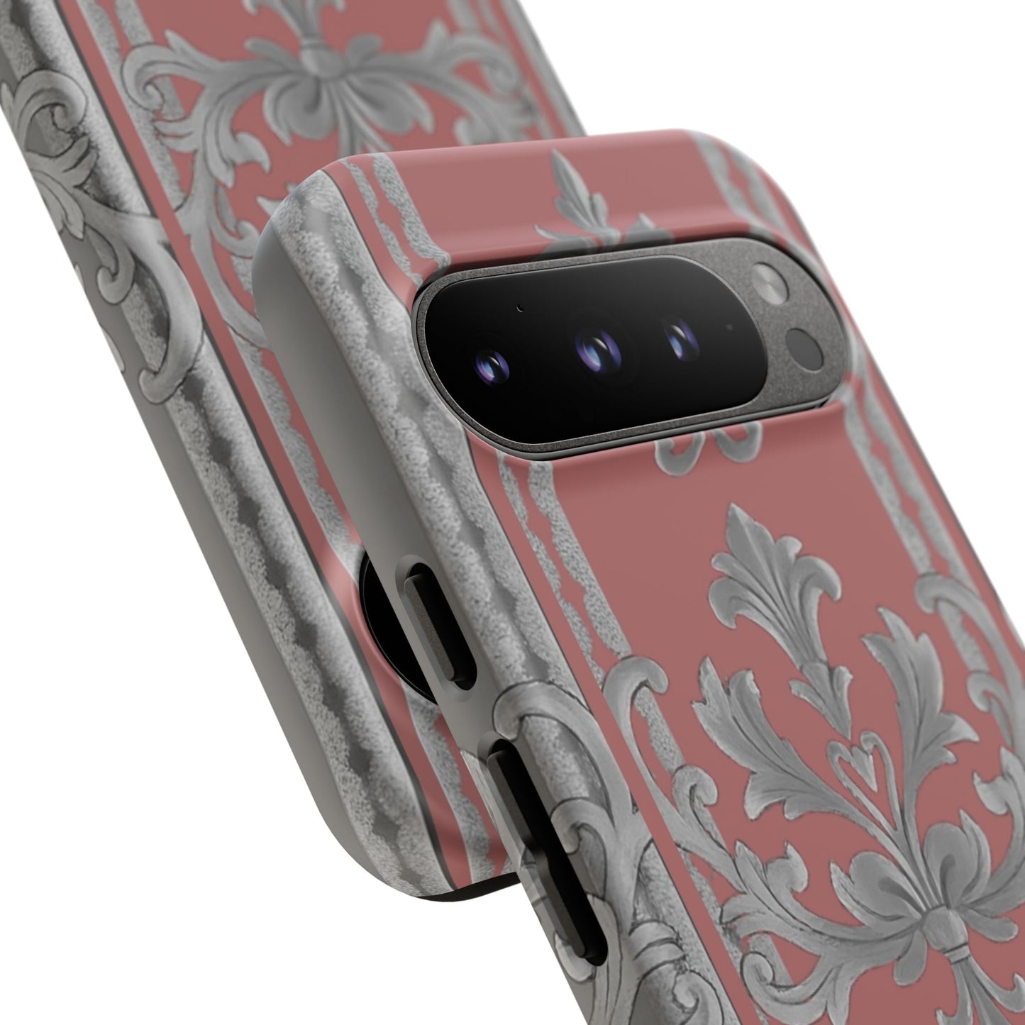 Elegant Floral Phone Case - Tough Cases for Stylish Protection - Gray & Mauve Striped Baroque