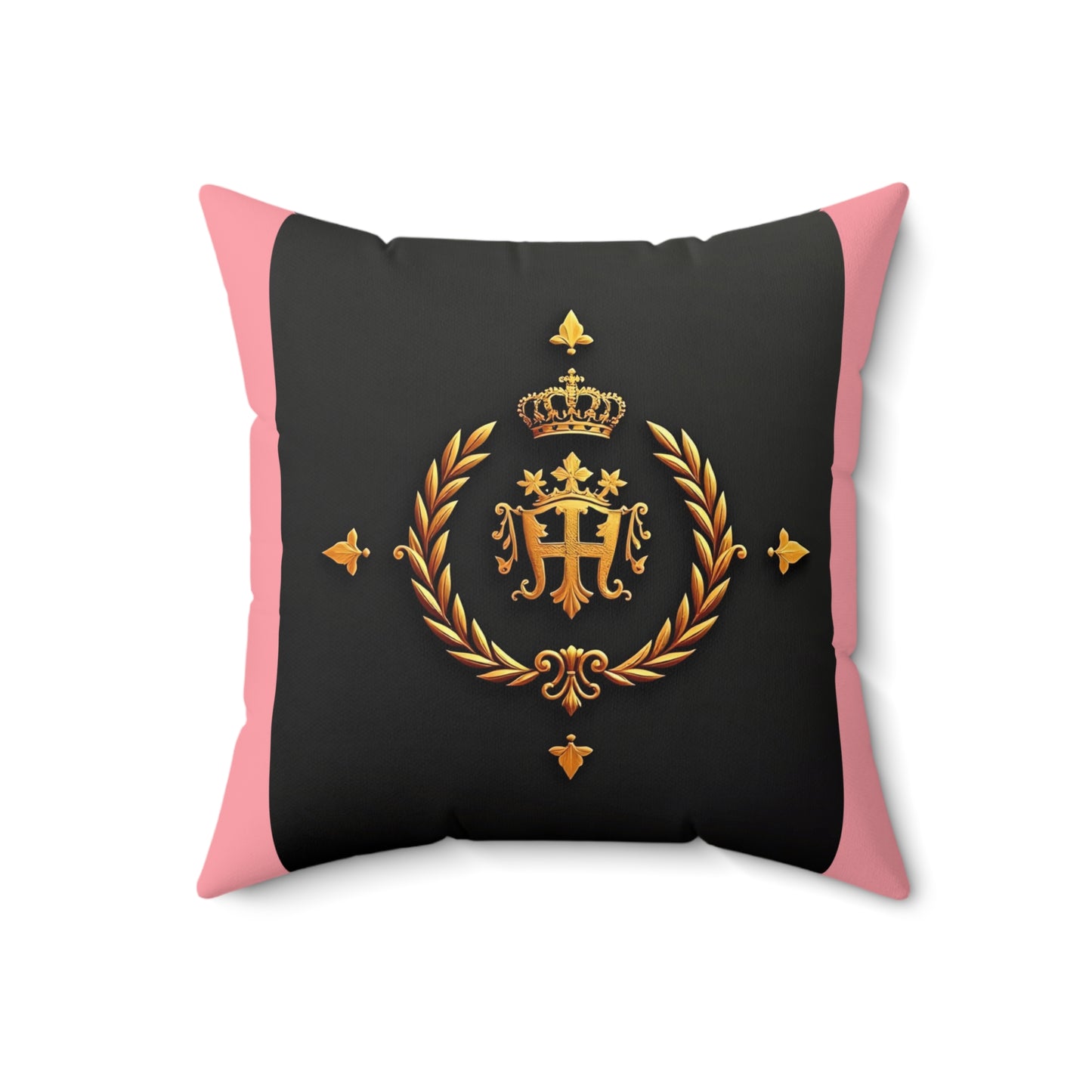 Elegant Royal Faux Suede Square Pillow, Luxury Home Decor, Cozy Gifts for Her, Crown Emblem Cushion, Stylish Accent Pillow - Pink Striped Gold Crest