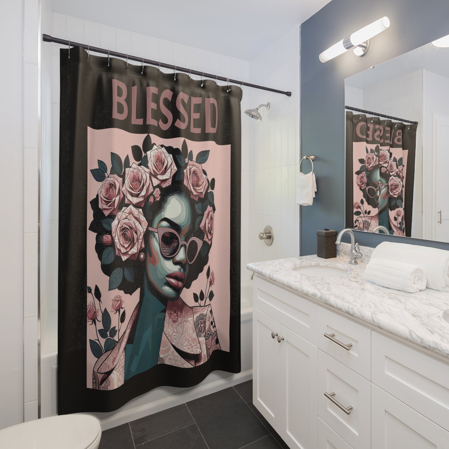 Blessed Floral Shower Curtain - Modern Bathroom Decor, Bohemian Home Accessory, Gift for Her, Inspirational Home Style, Unique Bathroom Art