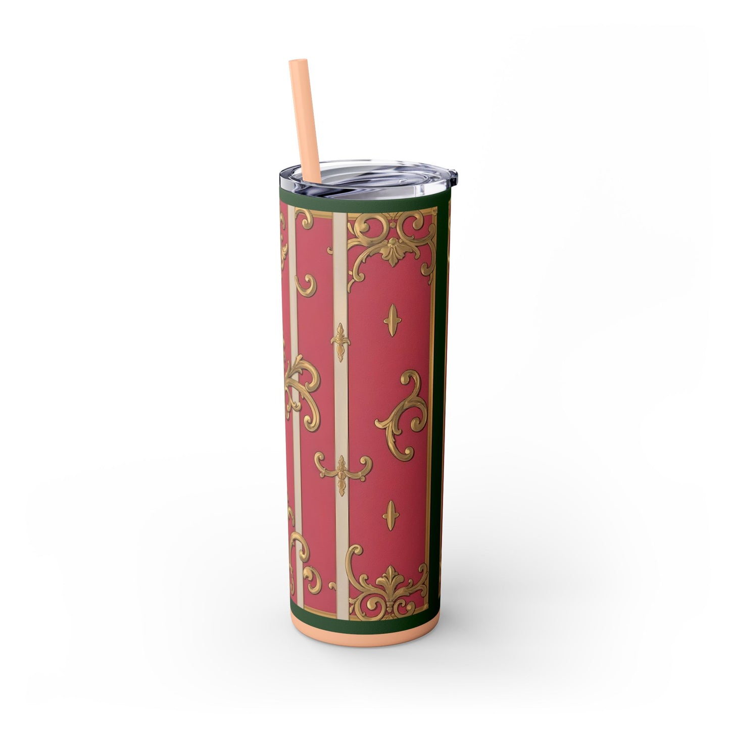 Elegant Green Border Pink Striped Baroque Skinny Tumbler with Straw, Reusable Travel Mug, Gift for Her, Fashionable Drinkware