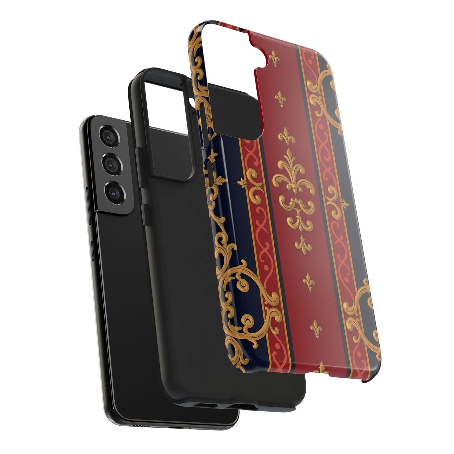 Elegant Vintage Phone Cases, Tough Phone Cover, Stylish Cell Phone Accessories, Durable Phone Protection - Midnight Blue & Dusk Red Gold Baroque