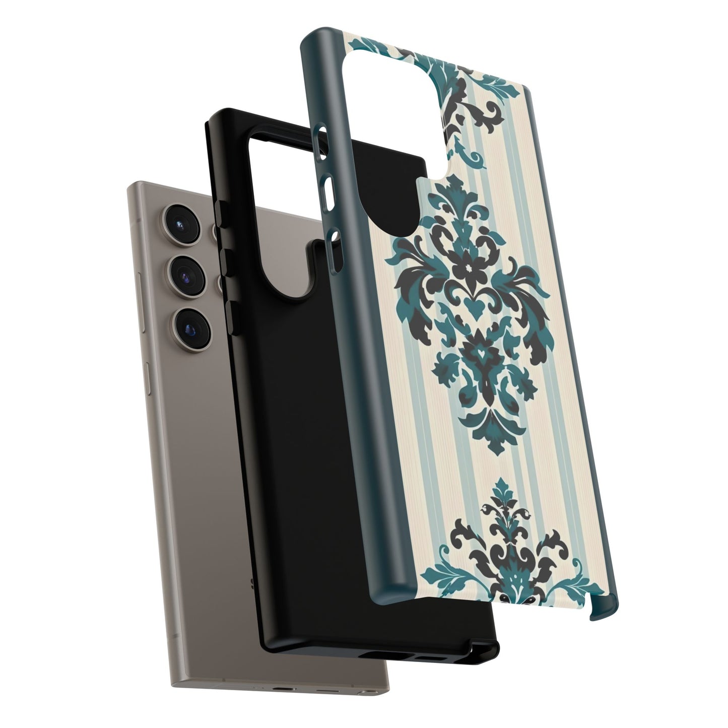 Elegant Floral Phone Case - Tough Cases with Vintage Design - Teal Striped Damask