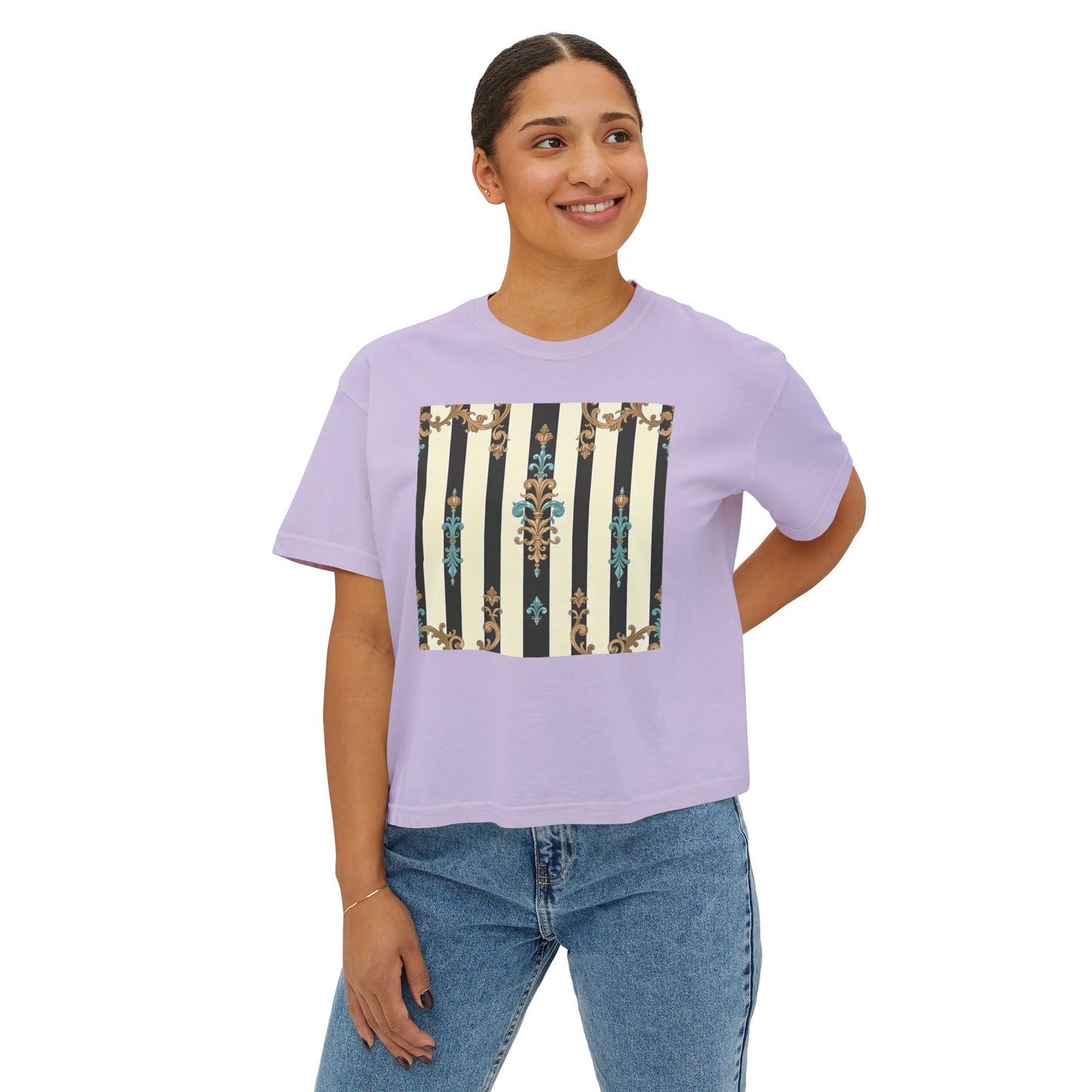 Women's Boxy Tee with Vintage Floral Design, Casual Tee, Summer Top, Gift for Her, Trendy T-Shirt - Black Striped Turquoise & Black Rococo