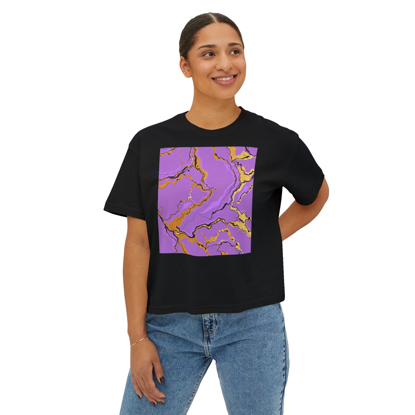 Chic Women's Boxy Tee with Purple Marble Design, Casual Top, Summer Fashion, Gift for Her, Trendy Graphic Tee