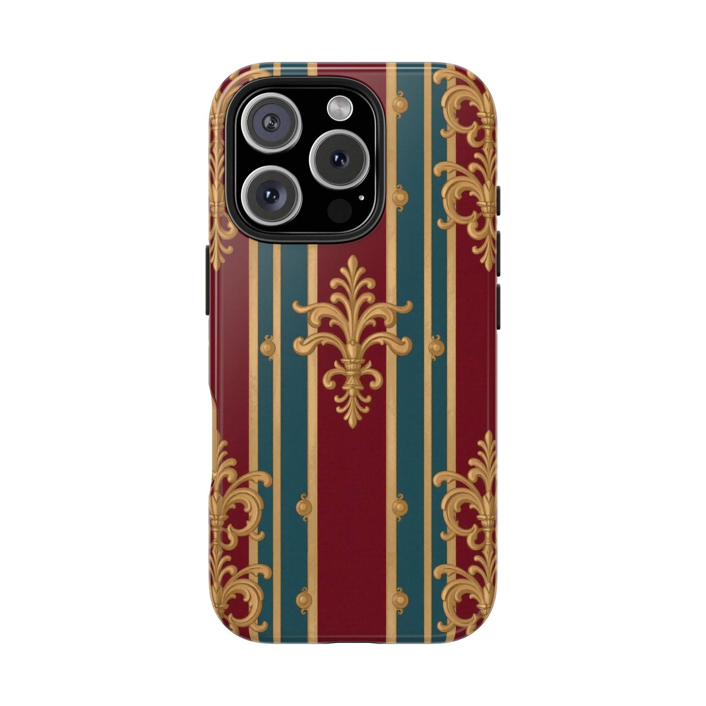 Elegant Vintage Tough Phone Case, Luxury Phone Protection, Stylish Phone Cover, Durable Phone Accessory - Burgundy Striped Gold Baroque