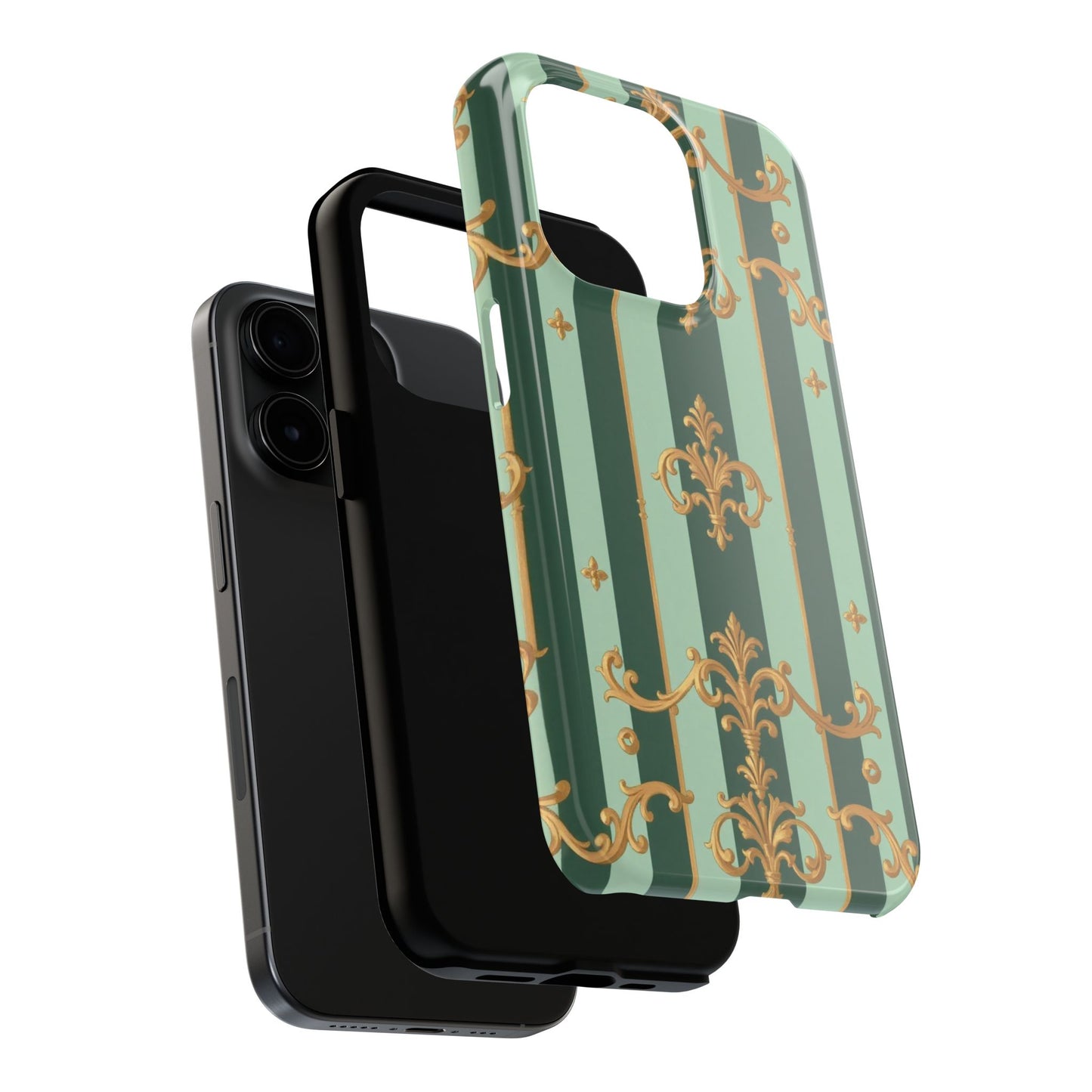 Elegant Floral Tough Phone Cases | Stylish Phone Protection, Gift for Her, Trendy Accessory, Unique Decor - Mint Green & Teal Striped Gold Baroque