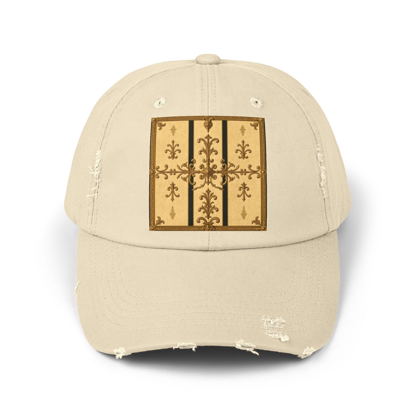 Vintage-Inspired Unisex Distressed Cap with Rustic Floral Design | Perfect for Casual Outings, Gift Ideas - Matte Yellow Striped Antique Rococo
