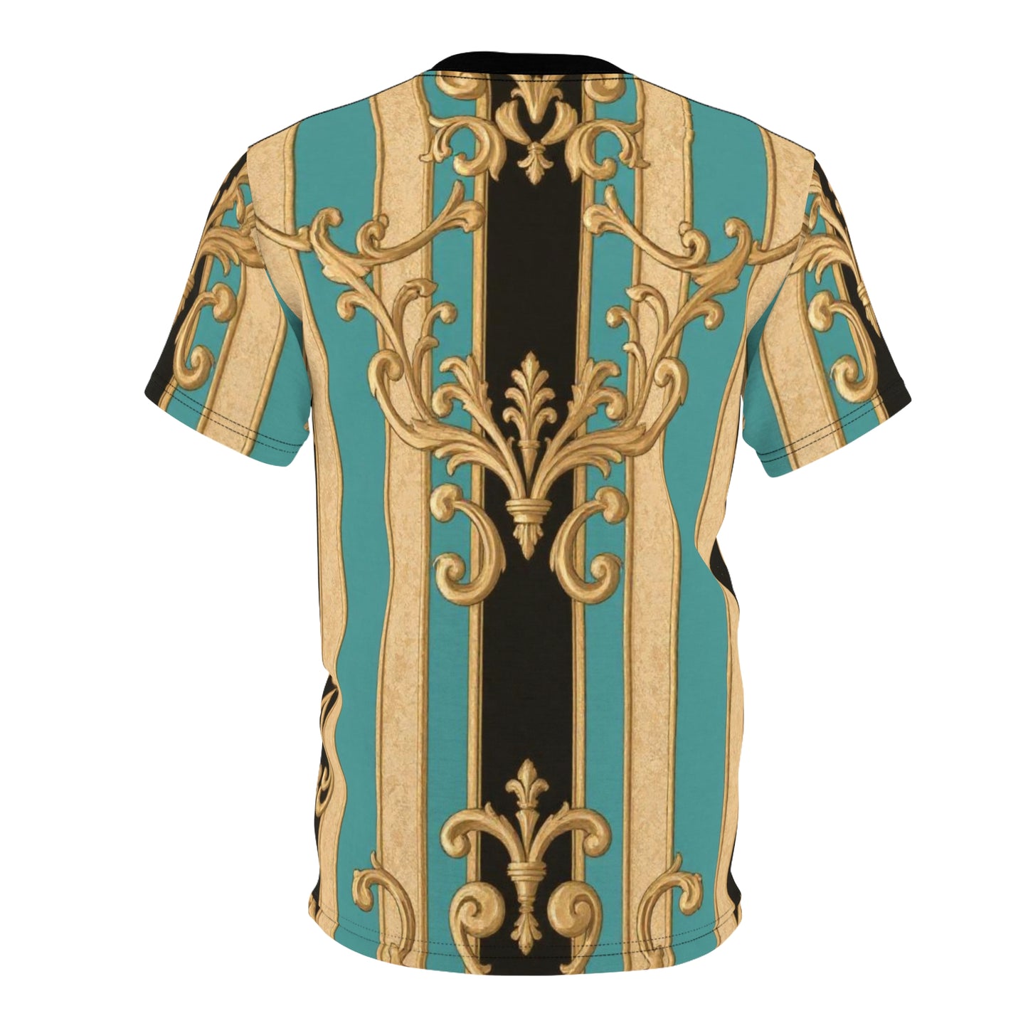 Stylish Unisex Black, Tan & Ocean Green Striped Gold Baroque Cut & Sew Tee - Vibrant Vintage Print, Summer Casual Wear, Perfect Gift for Friends