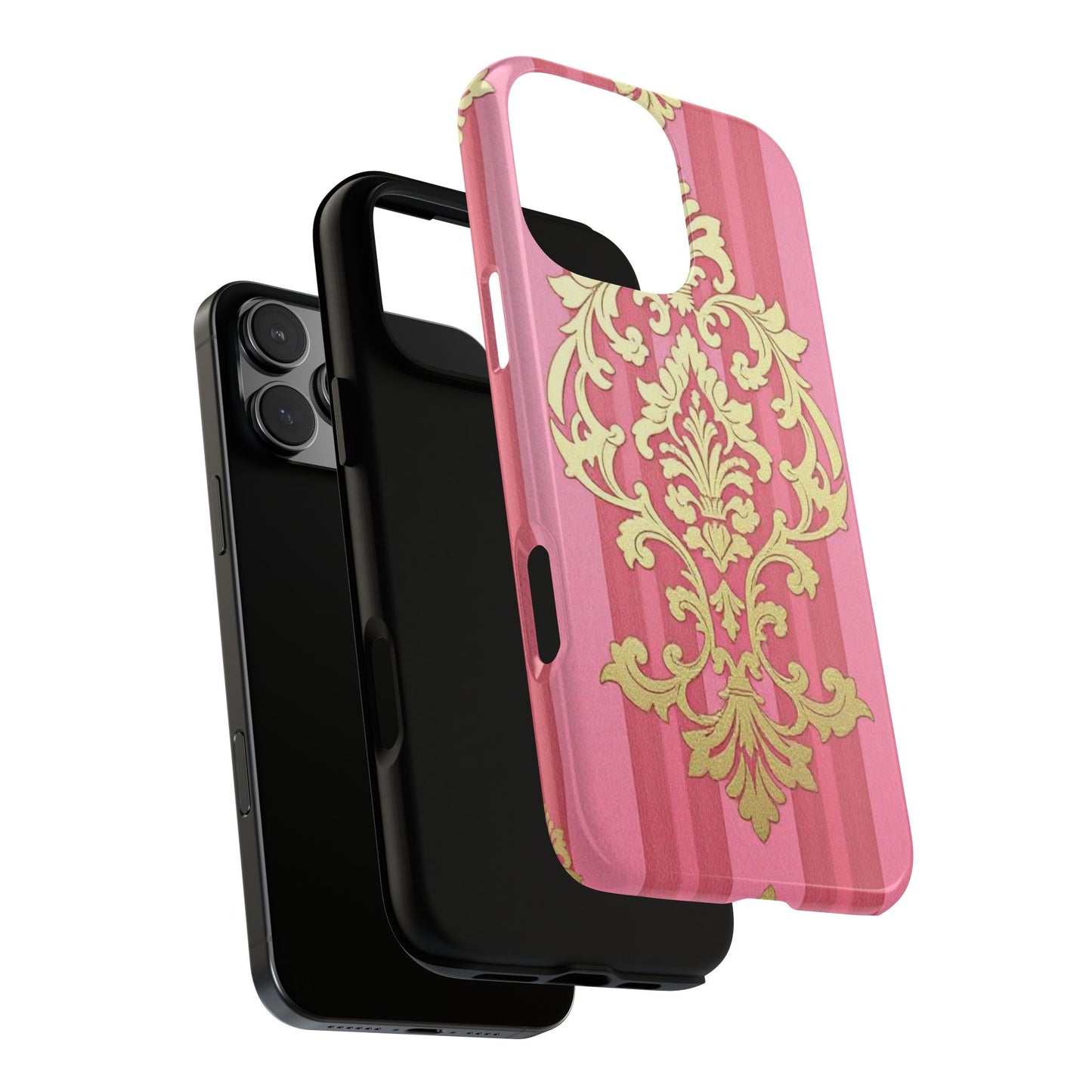 Elegant Floral Motif Phone Case - Tough Cases with Vintage Design - Pink Striped Damask