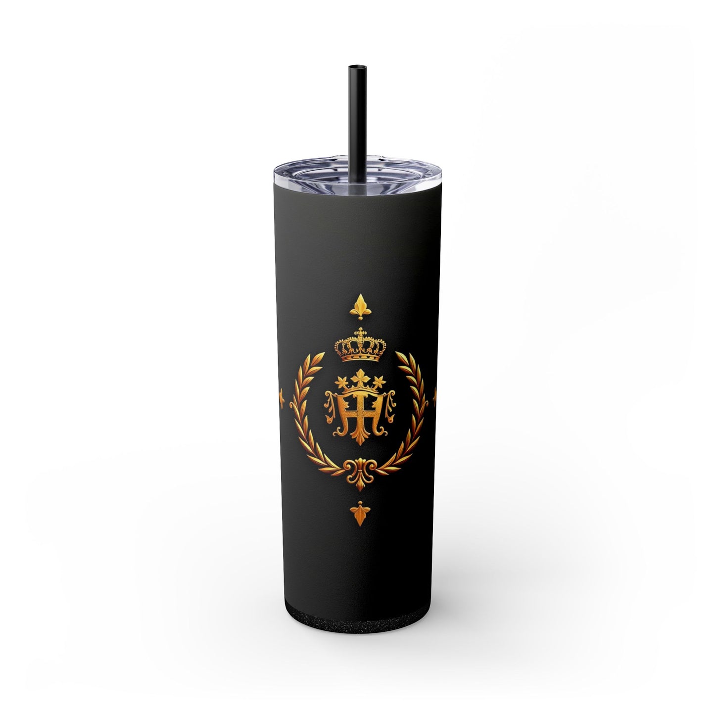 Elegant Royal Themed Skinny Tumbler, Chic Drinkware for Parties, Daily Hydration, Gifts for Her, Travel Mug, Reusable Straw - Pink Striped Gold Crest
