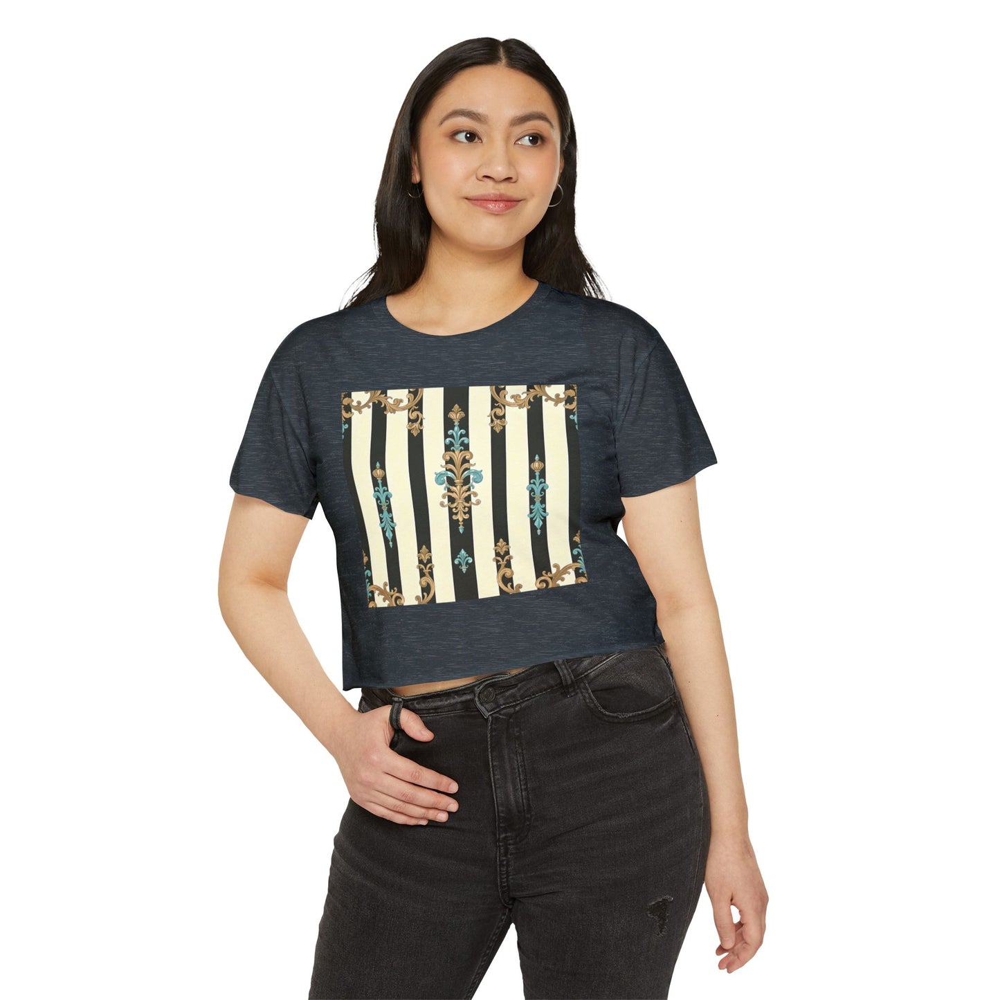 Bohemian Festival Crop Top, Stylish Summer Tee, Casual Day Out Shirt, Trendy Women’s Apparel - Black Striped Turquoise & Black Rococo