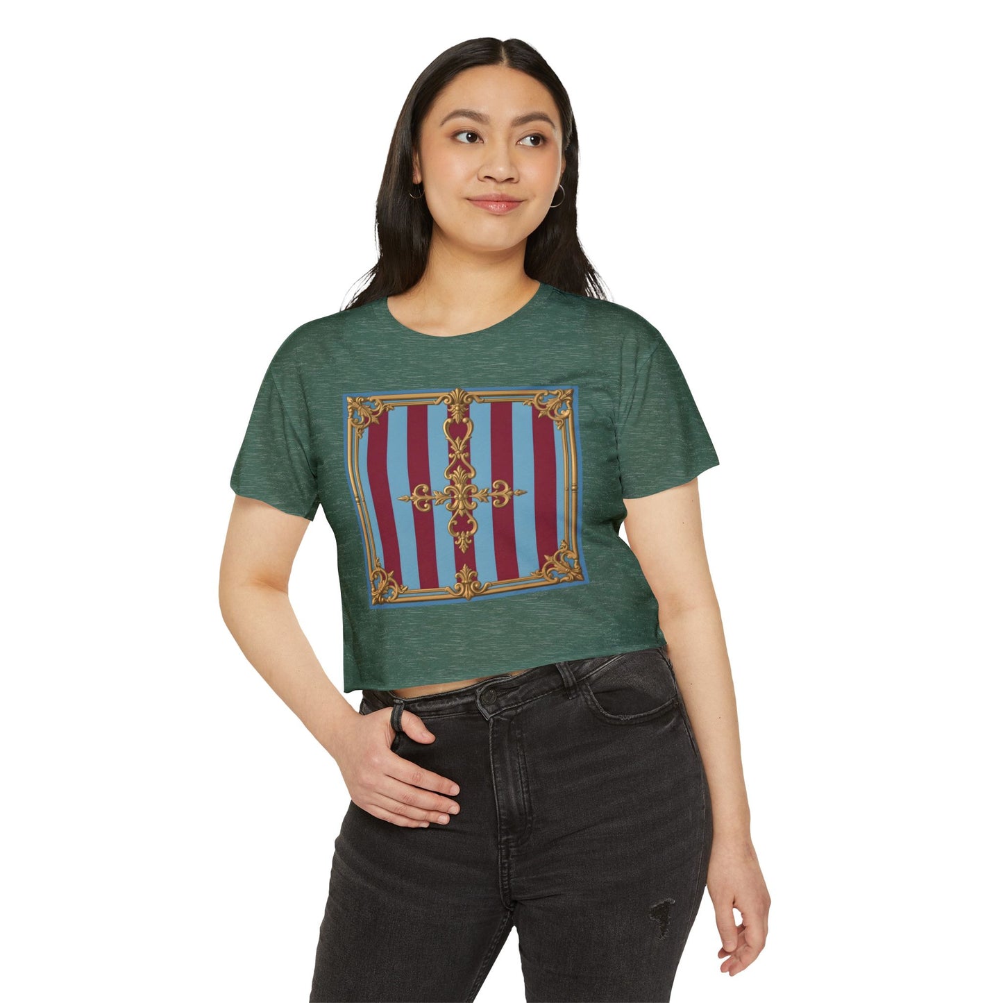 Women's Baroque Festival Crop Top, Summer Crop Tee, Casual Festival Wear, Concert Top, Eco-Friendly Fashion - Sky Blue & Maroon Striped Baroque